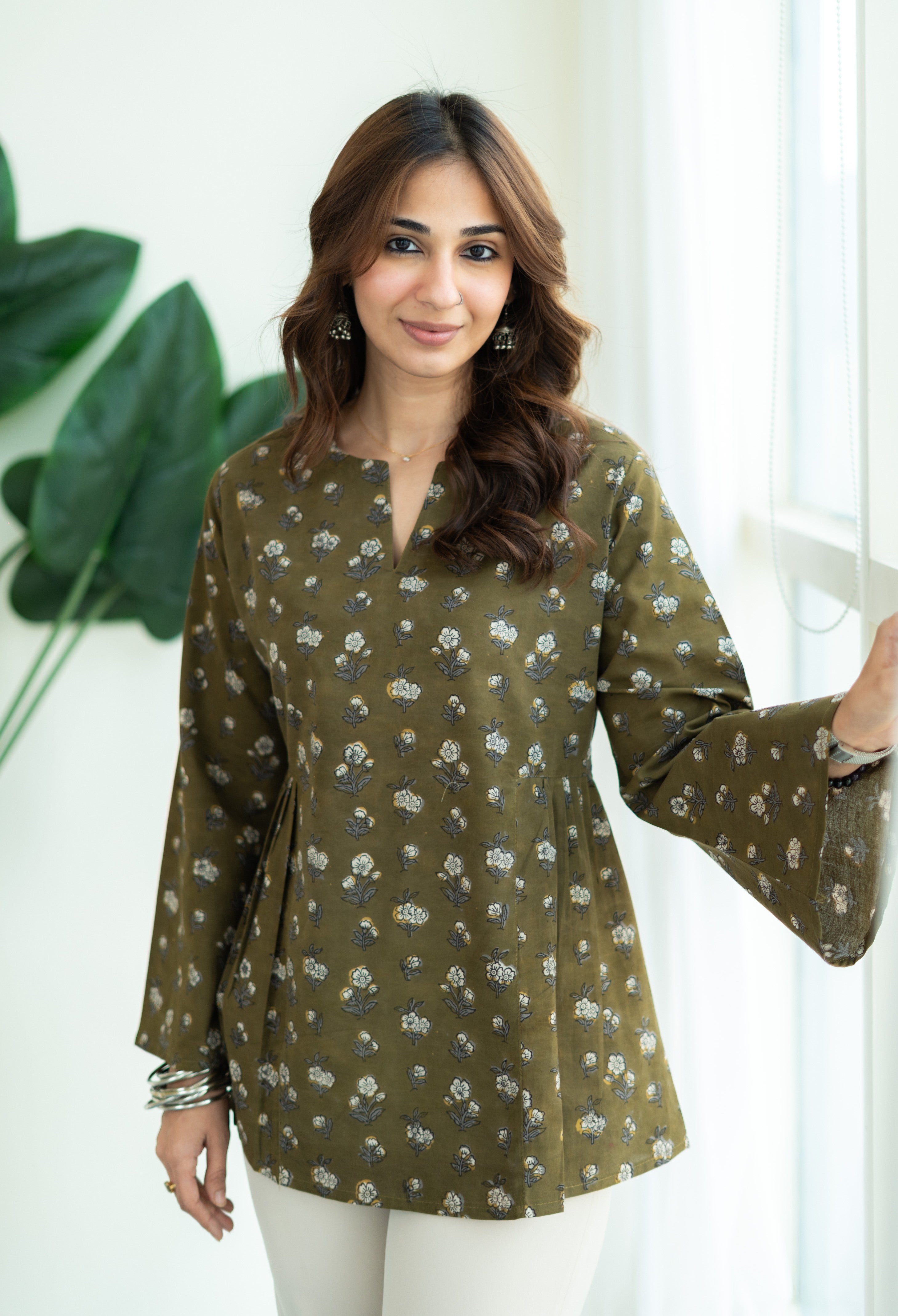 Mehendi Green Bell Sleeves Cotton Short Top