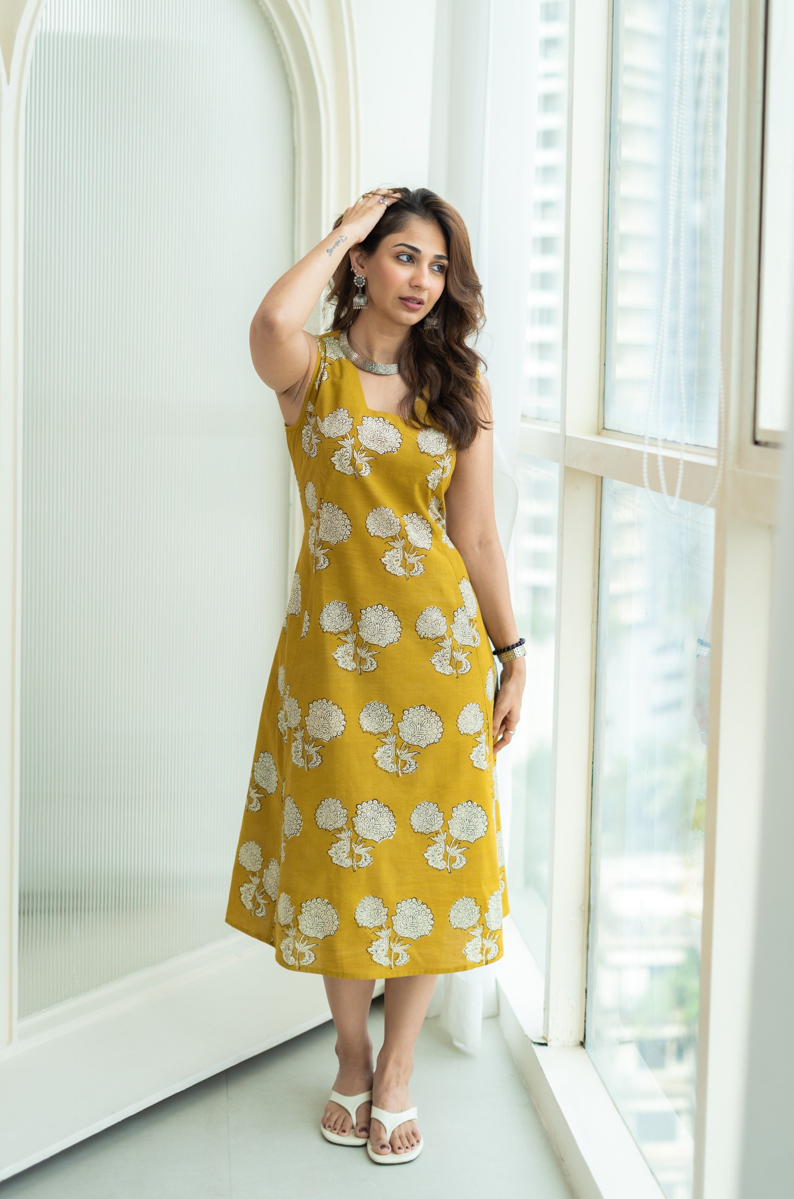 Mustard Yellow Floral Handblock Cotton Corset Dress
