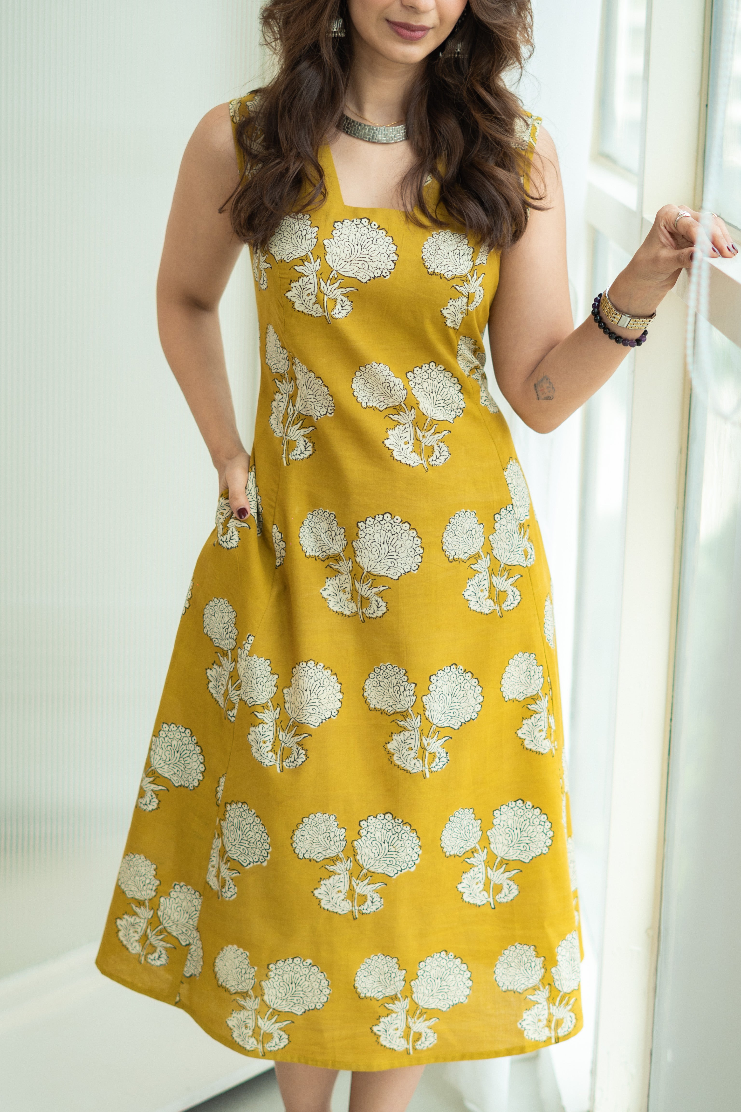 Mustard Yellow Floral Handblock Cotton Corset Dress