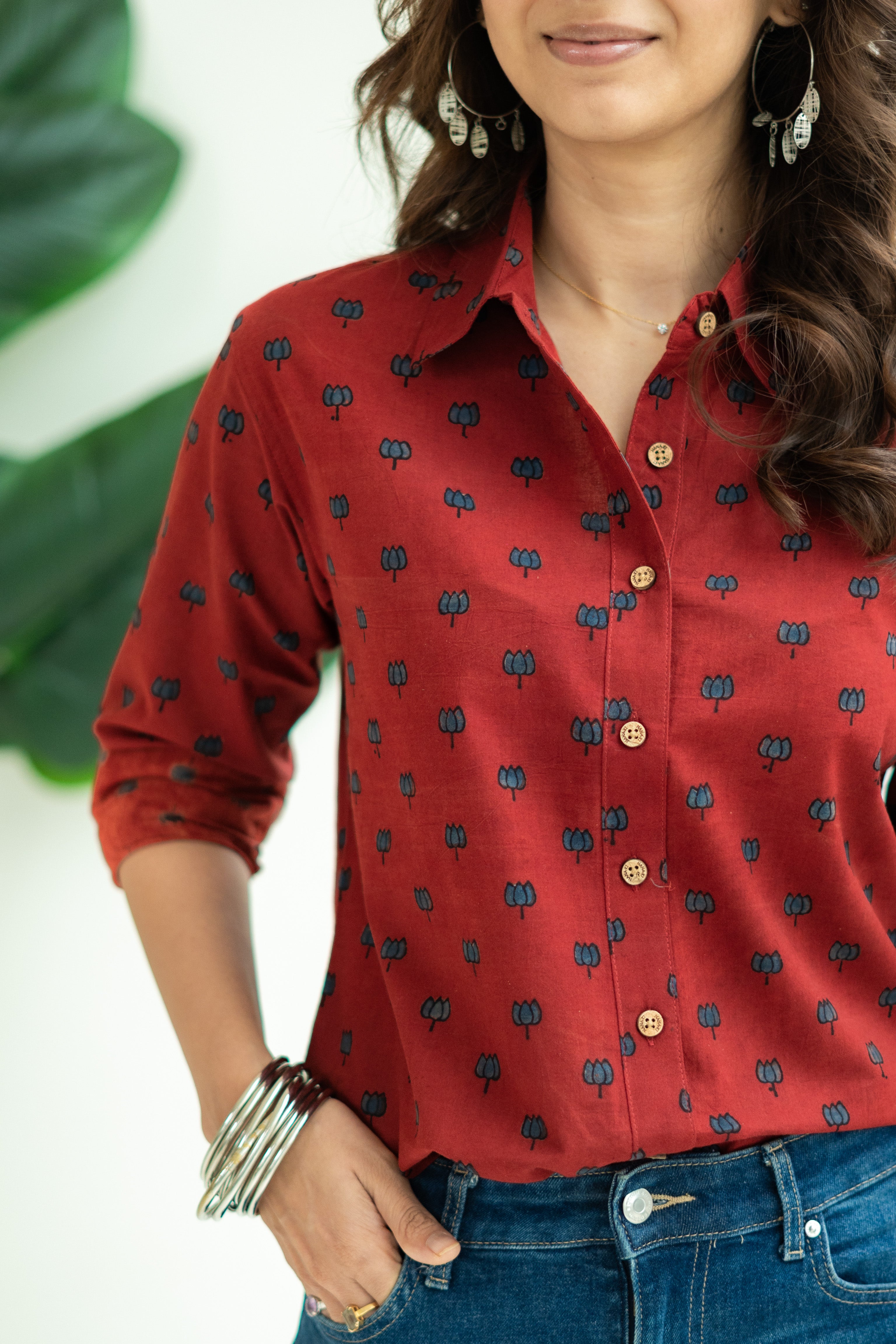 Red Kamal Handblock Cotton Shirt