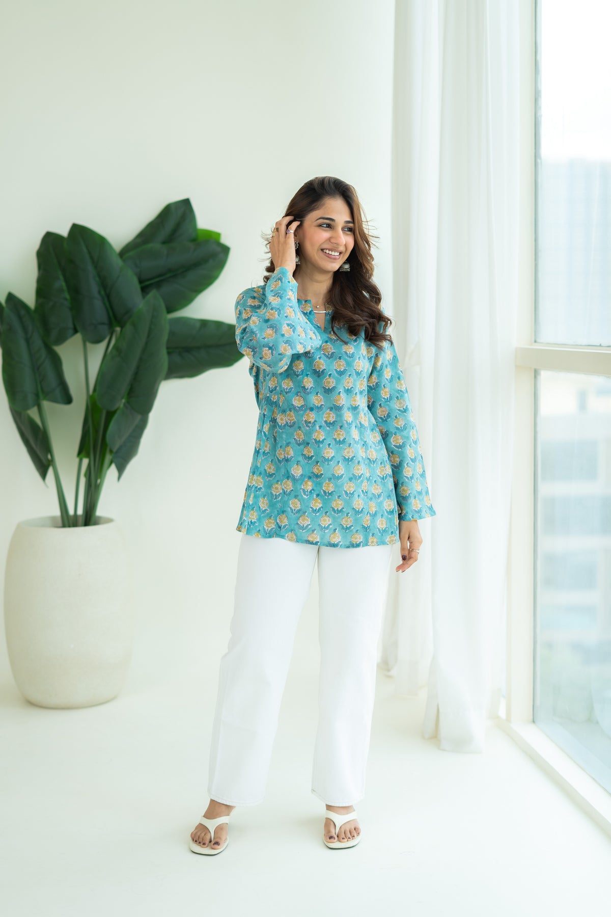 Blue Yellow Floral Bell Sleeves Mul Cotton Short Top