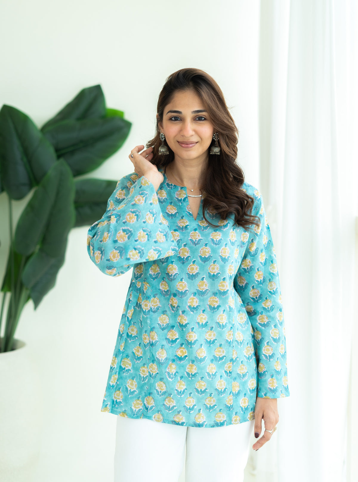 Blue Yellow Floral Bell Sleeves Mul Cotton Short Top