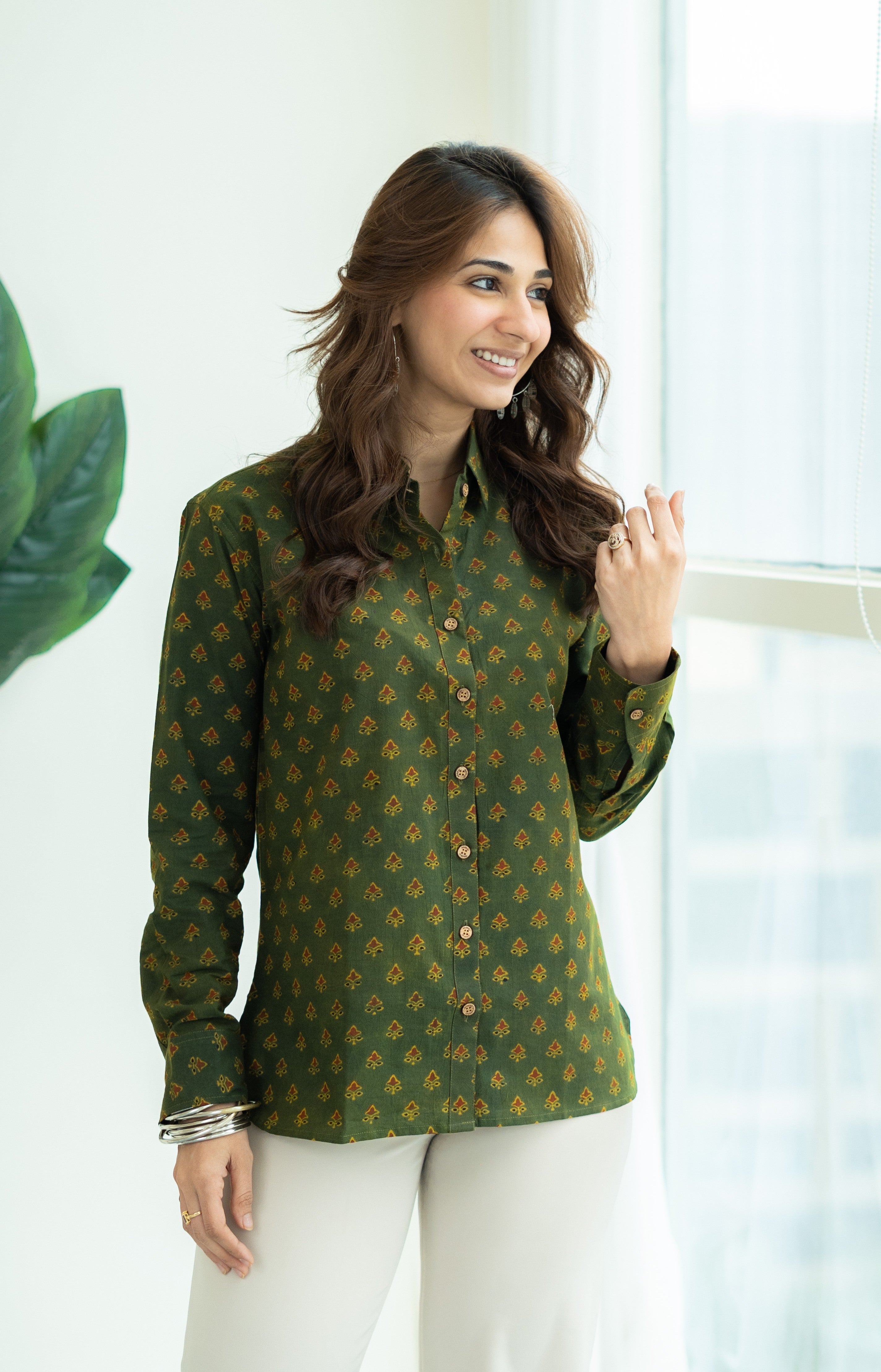 Ajrakh Green Floral Handblock Cotton Shirt
