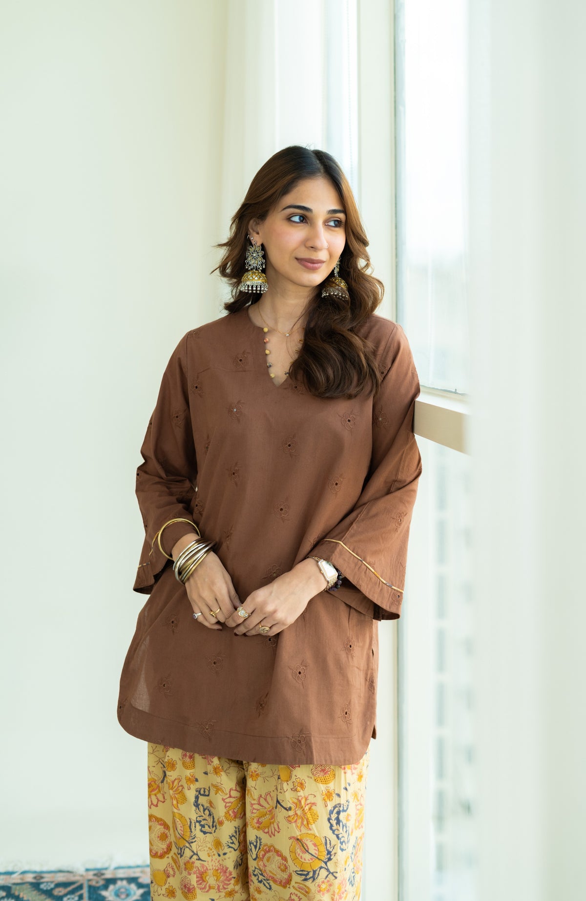 Brown Embrodiered Cotton Kurta with Handblock Farshi Salwar Set