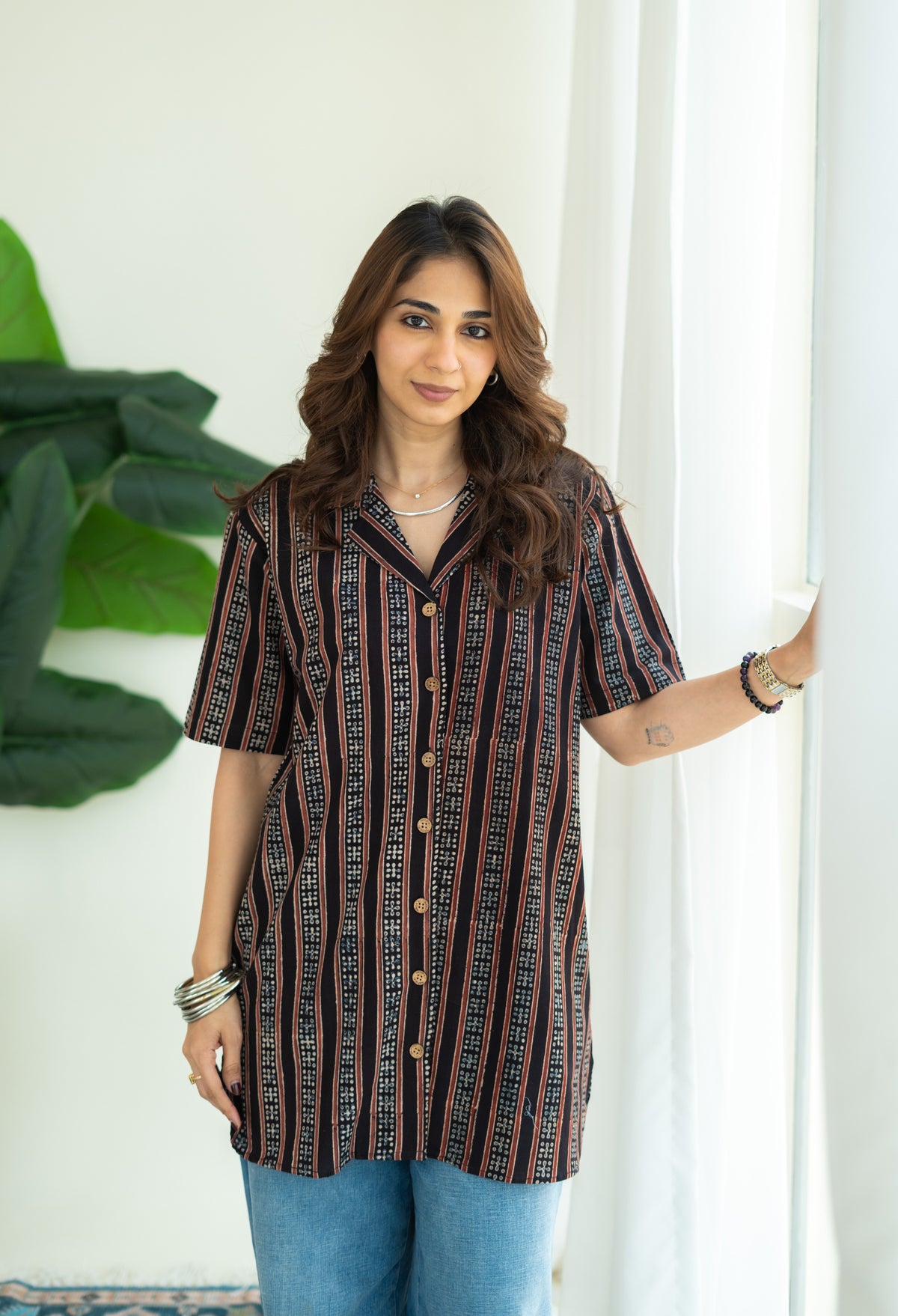 Ajrakh Black Stripe Handblock Cotton Shirt Kurti