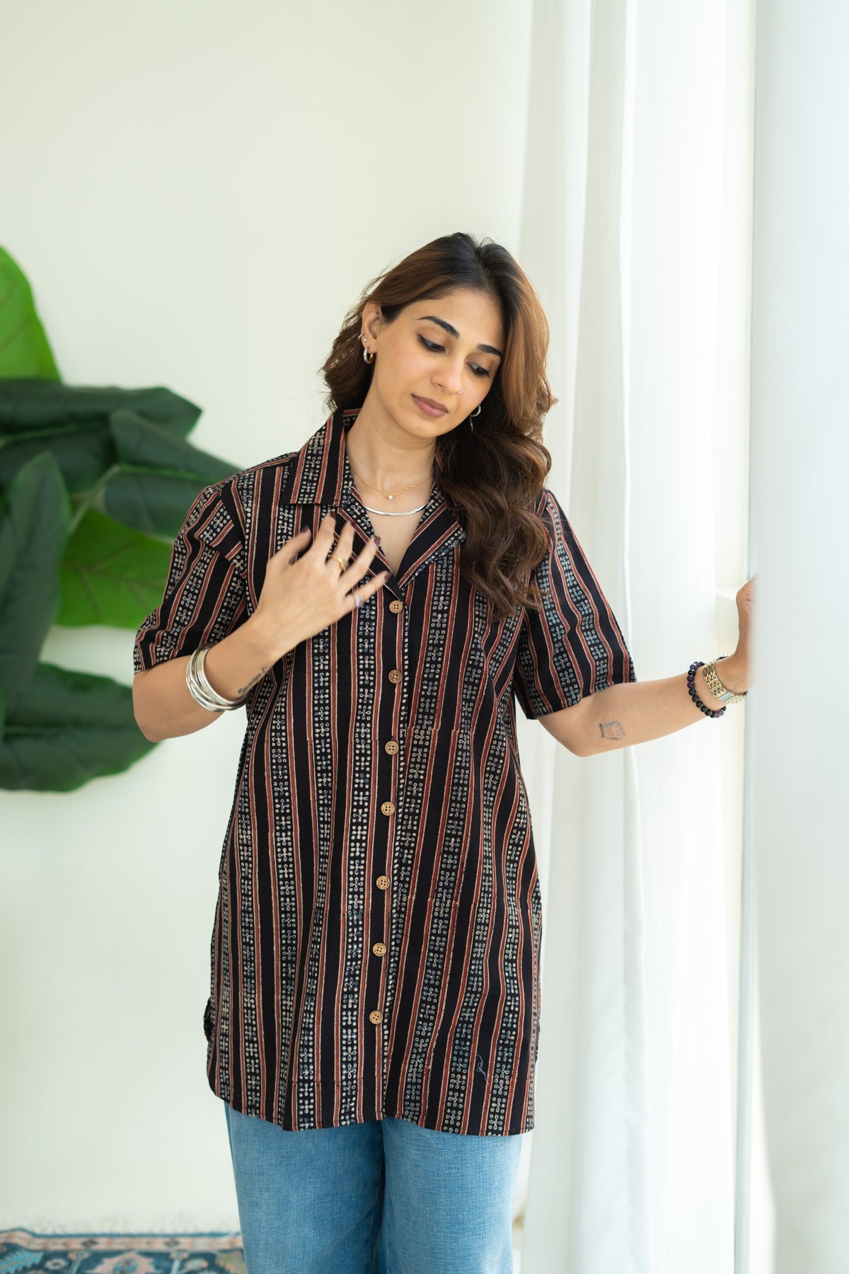 Ajrakh Black Stripe Handblock Cotton Shirt Kurti