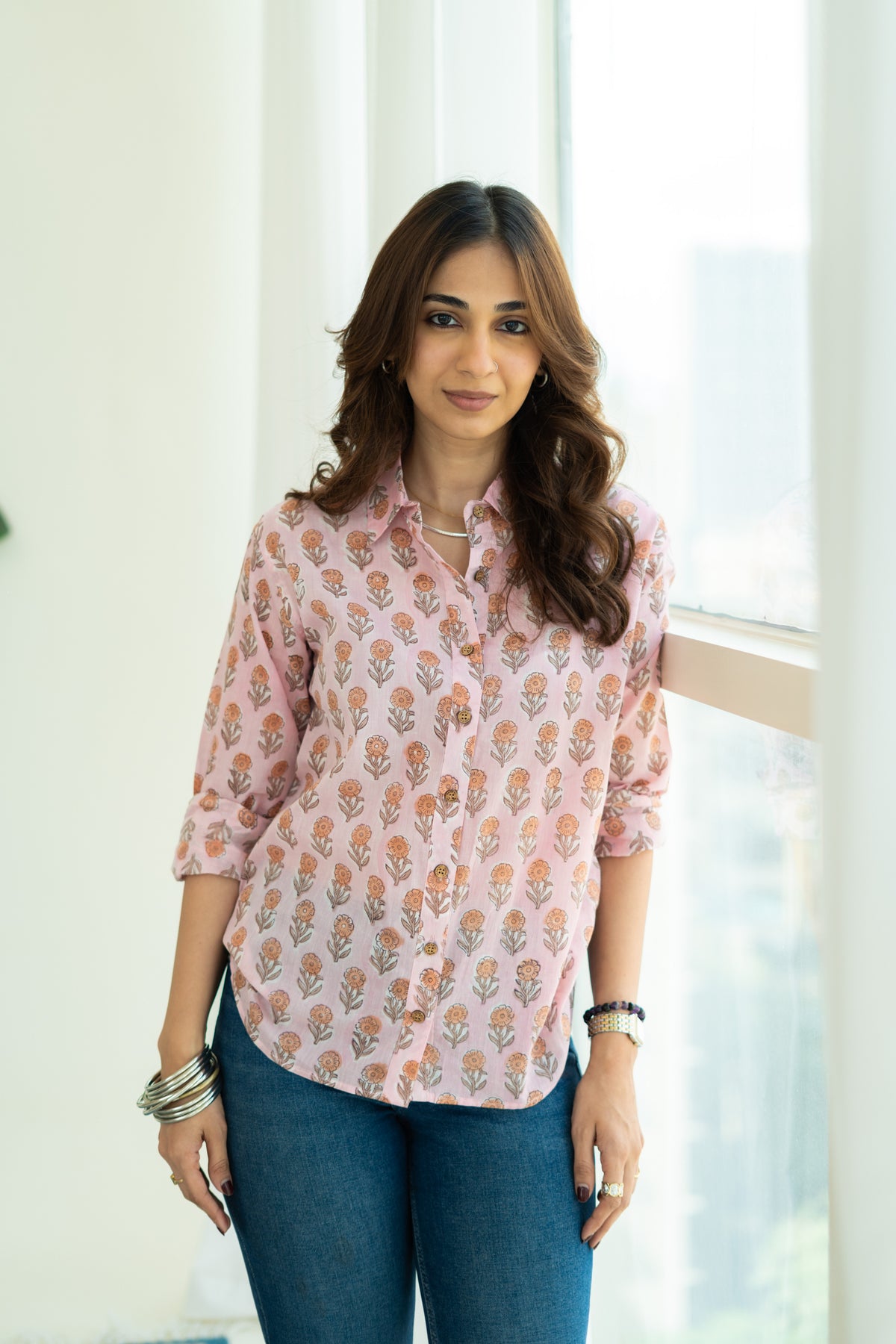 Baby Pink Floral Handblock Mul Cotton Shirt