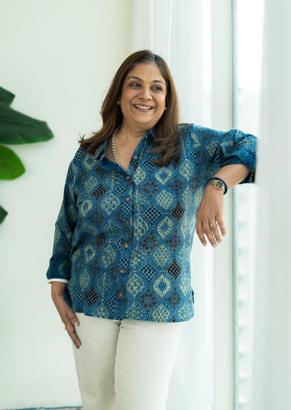 Indigo Kutch Jharokha Handblock Cotton Satin Shirt