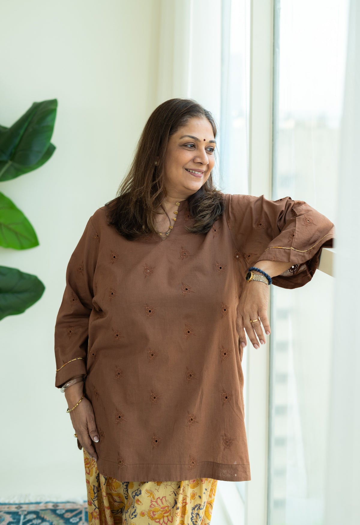 Brown Embrodiered Cotton Kurta with Handblock Farshi Salwar Set