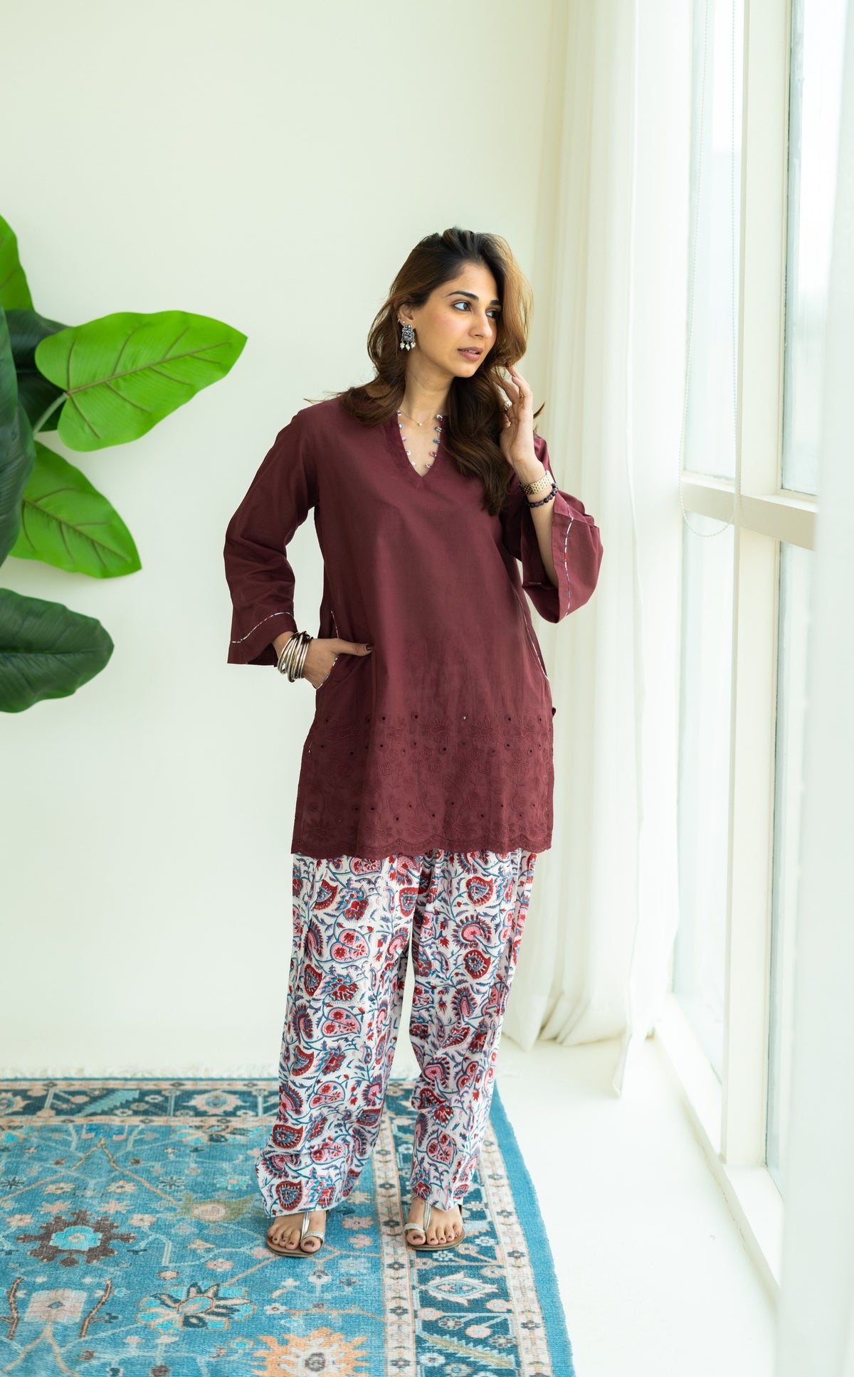 Wine Embrodiered Cotton Kurta with Handblock Farshi Salwar Set