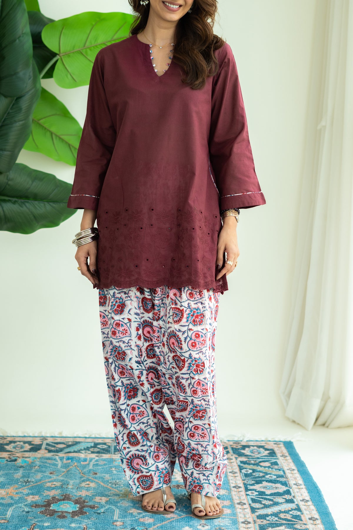 Wine Embrodiered Cotton Kurta with Handblock Farshi Salwar Set