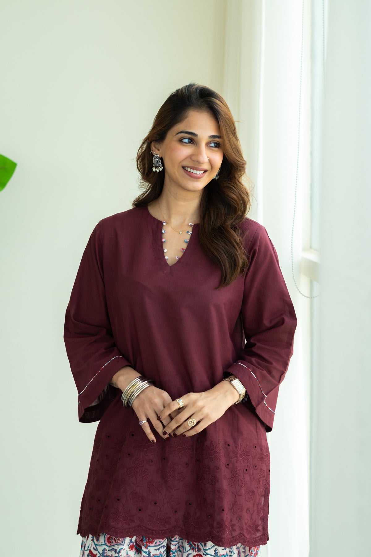 Wine Embrodiered Cotton Kurta with Handblock Farshi Salwar Set