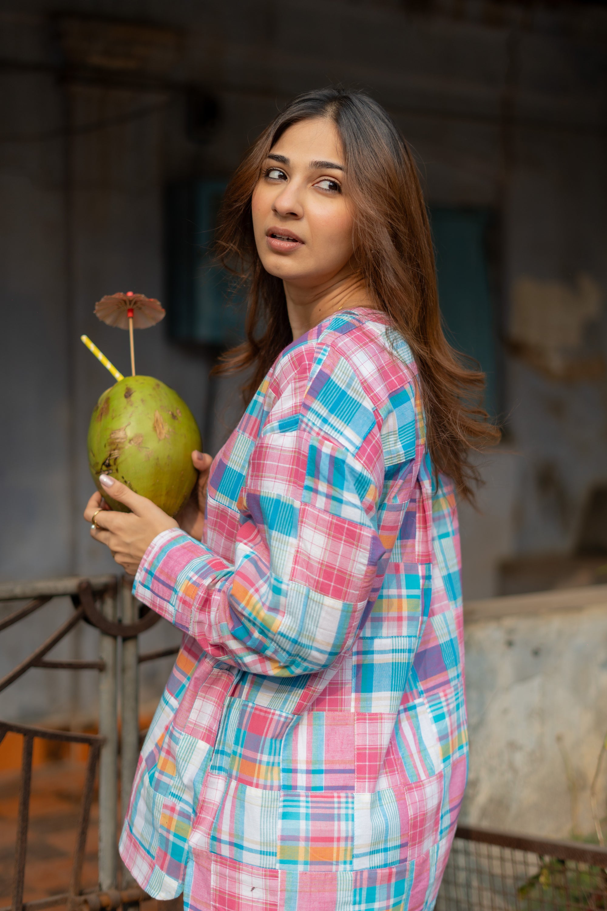 Pink Madras Checks Patchwork Unisex Cotton Short Kurta