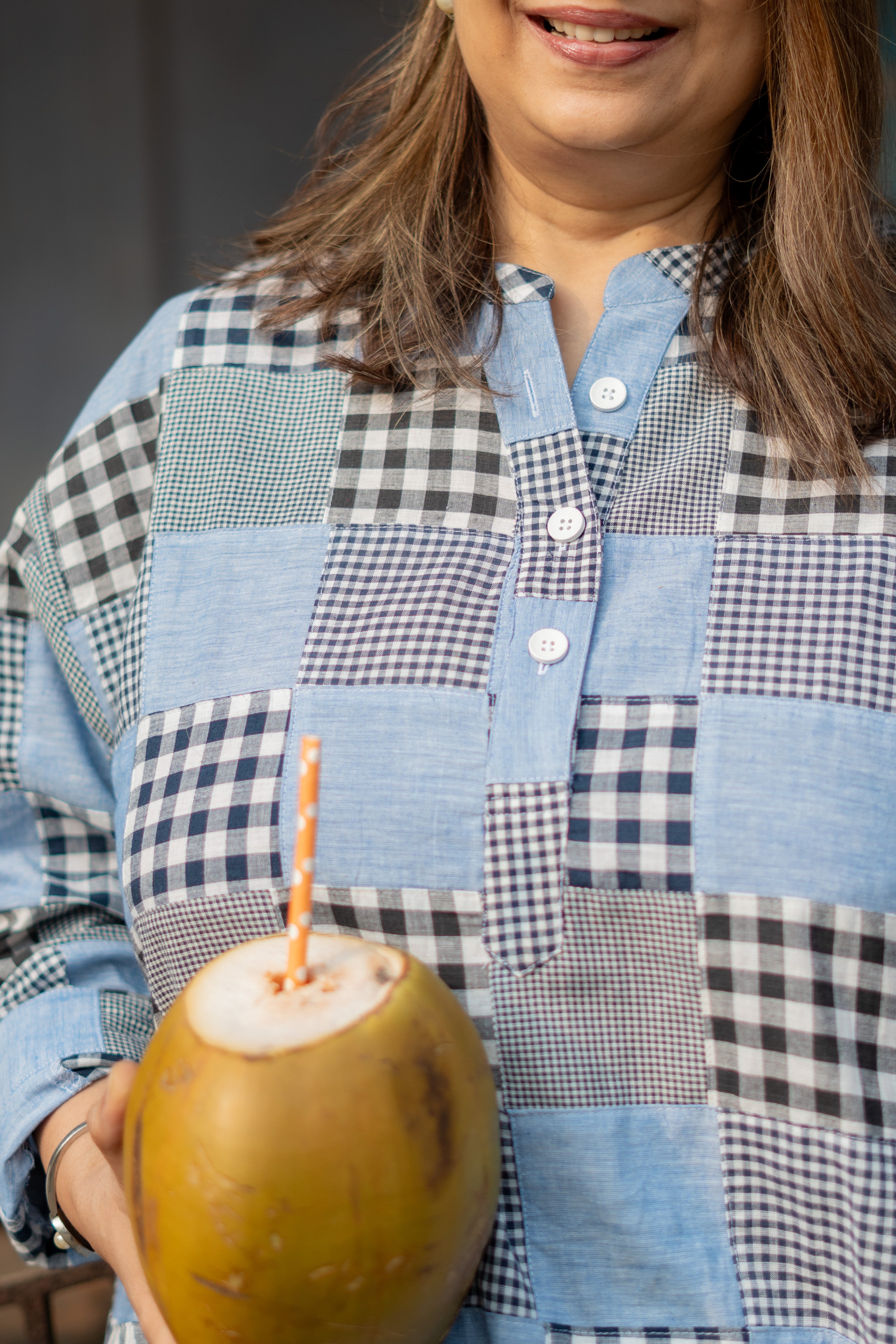 Denim Madras Checks Patchwork Unisex Cotton Short Kurta