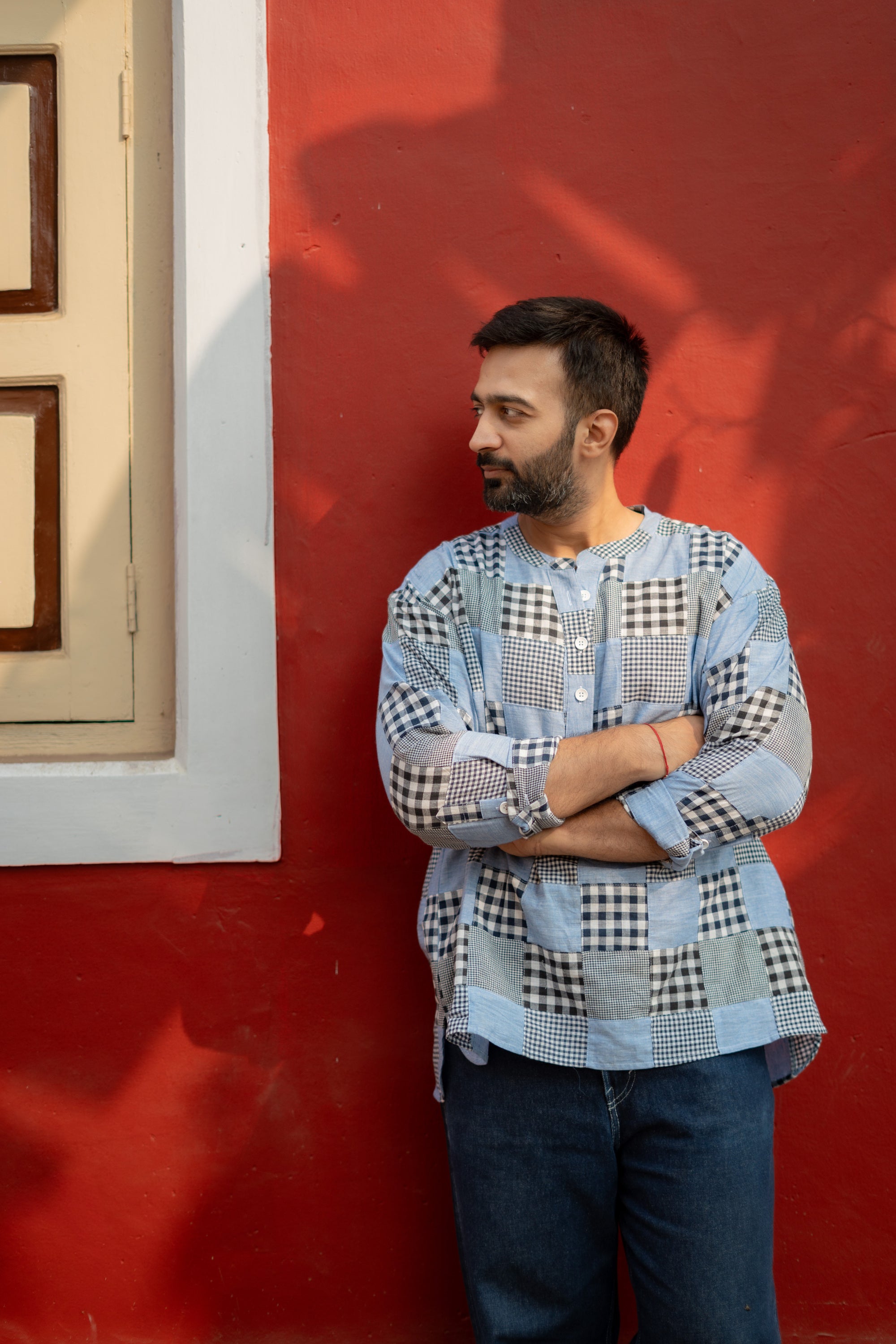 Denim Madras Checks Patchwork Unisex Cotton Short Kurta