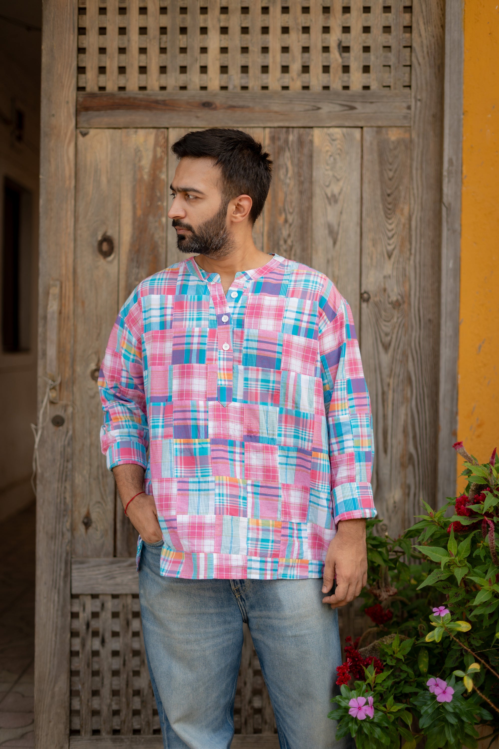 Pink Madras Checks Patchwork Unisex Cotton Short Kurta