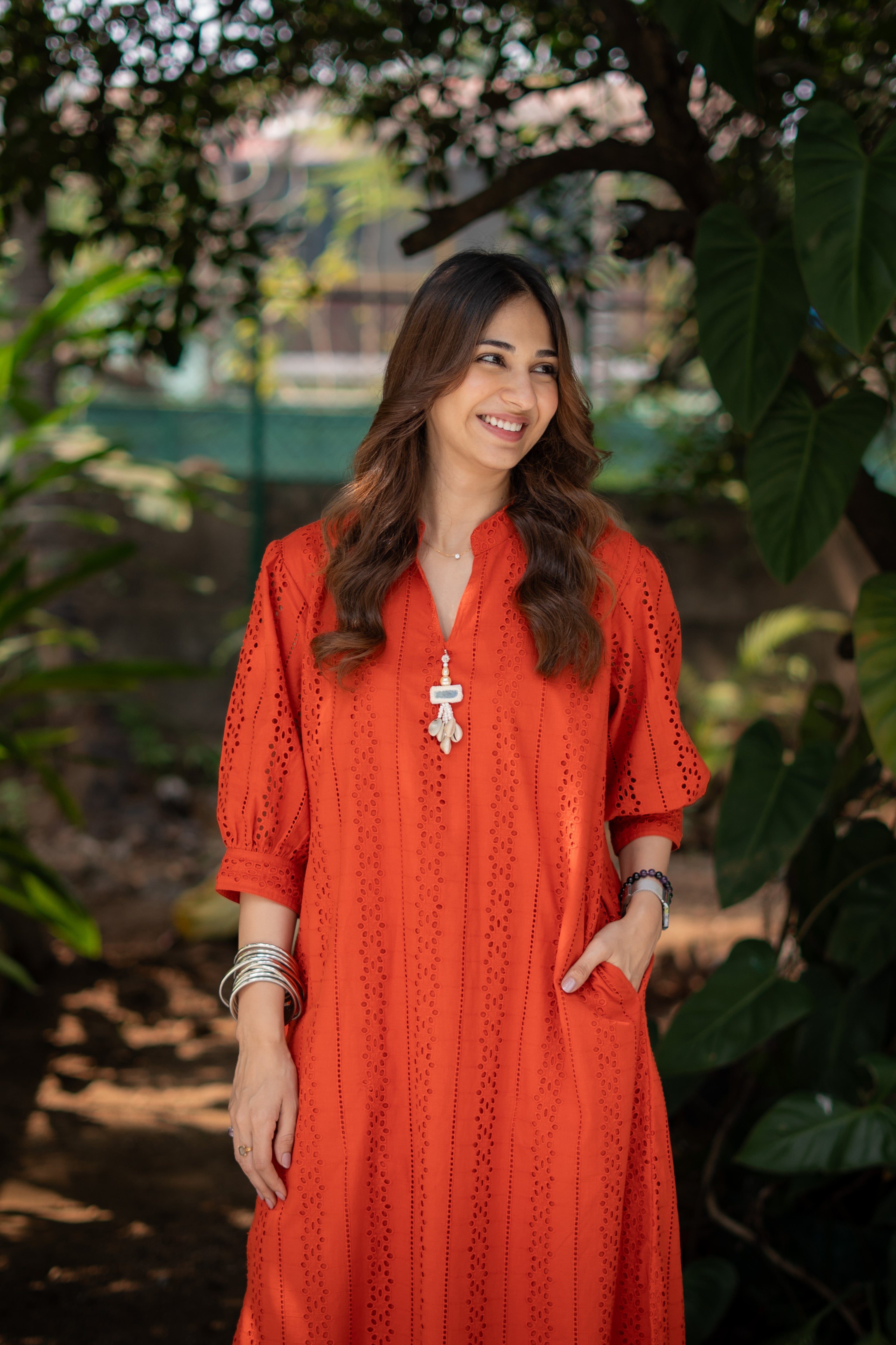 Orange Hakoba Cotton Dress Paired with Latkan