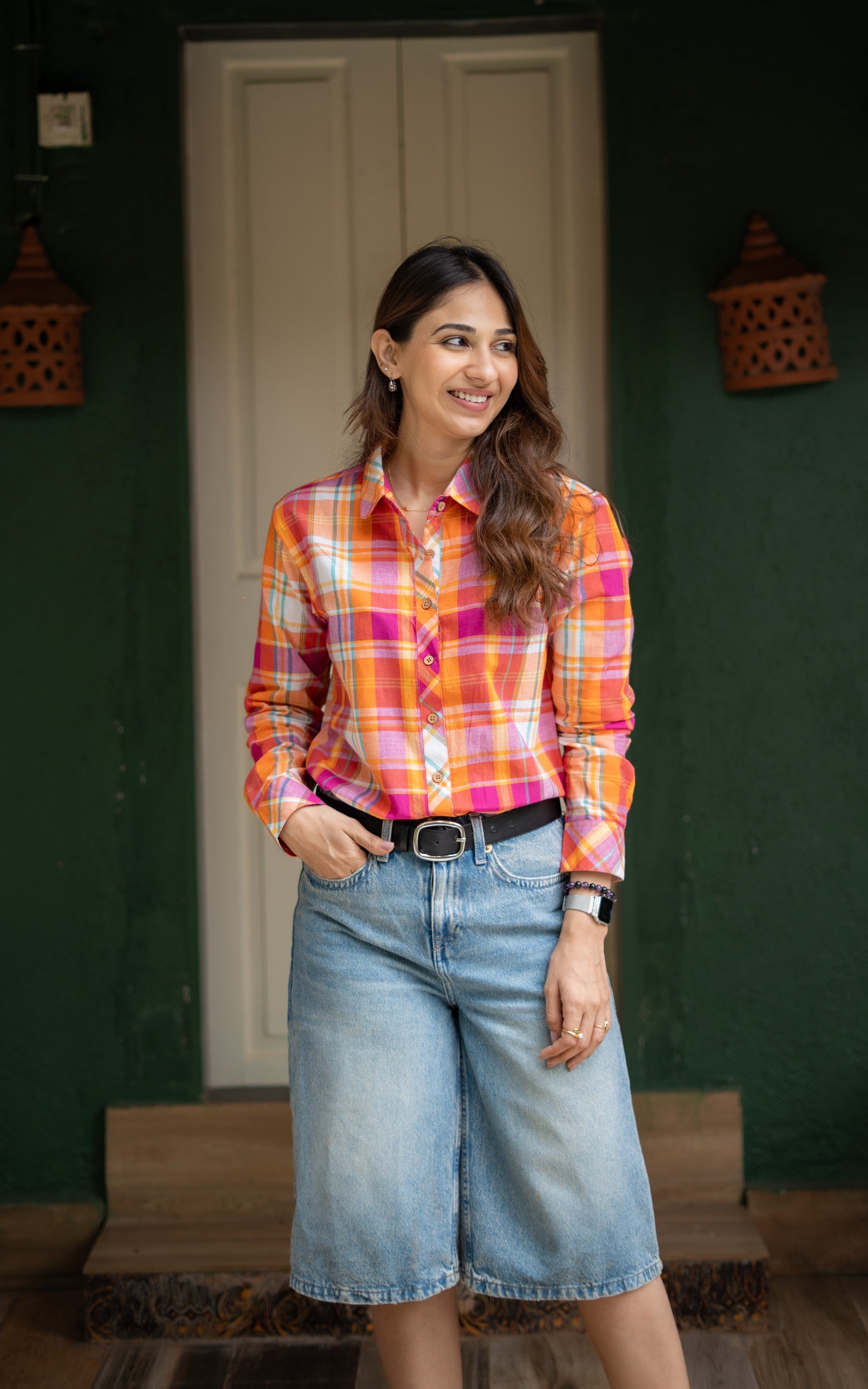 Orange Madras Checks Cotton Shirt