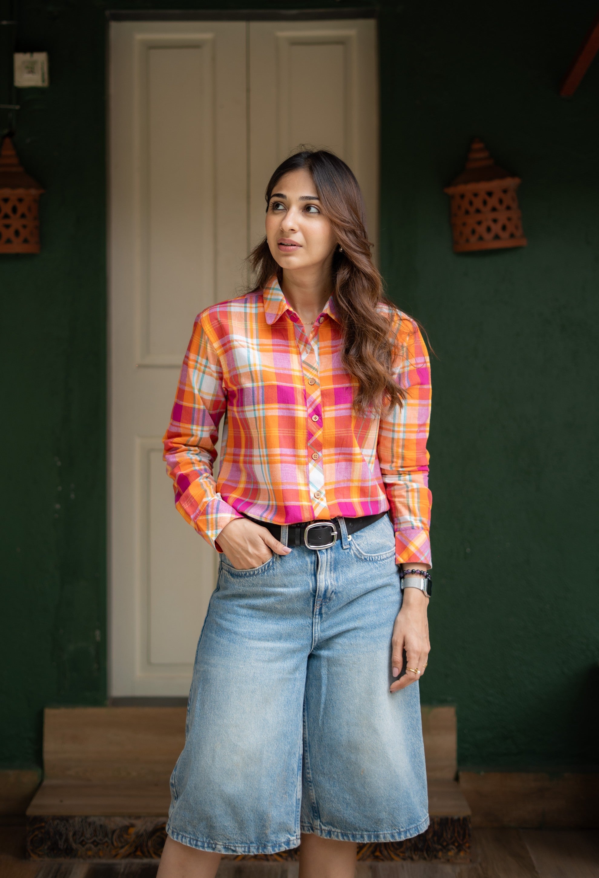 Orange Madras Checks Cotton Shirt
