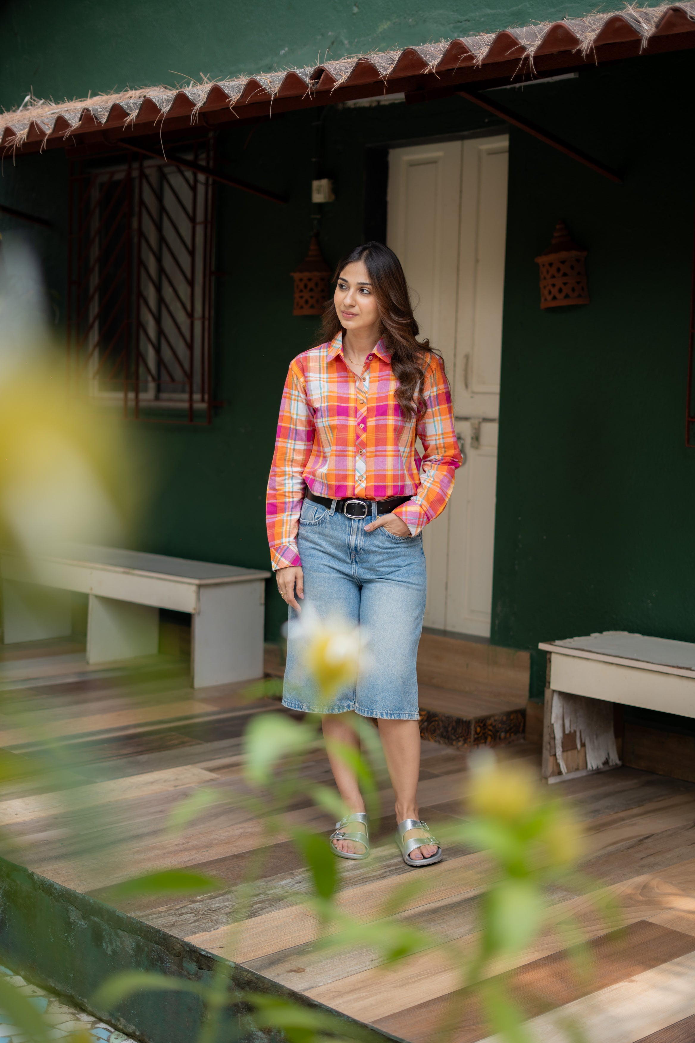 Orange Madras Checks Cotton Shirt