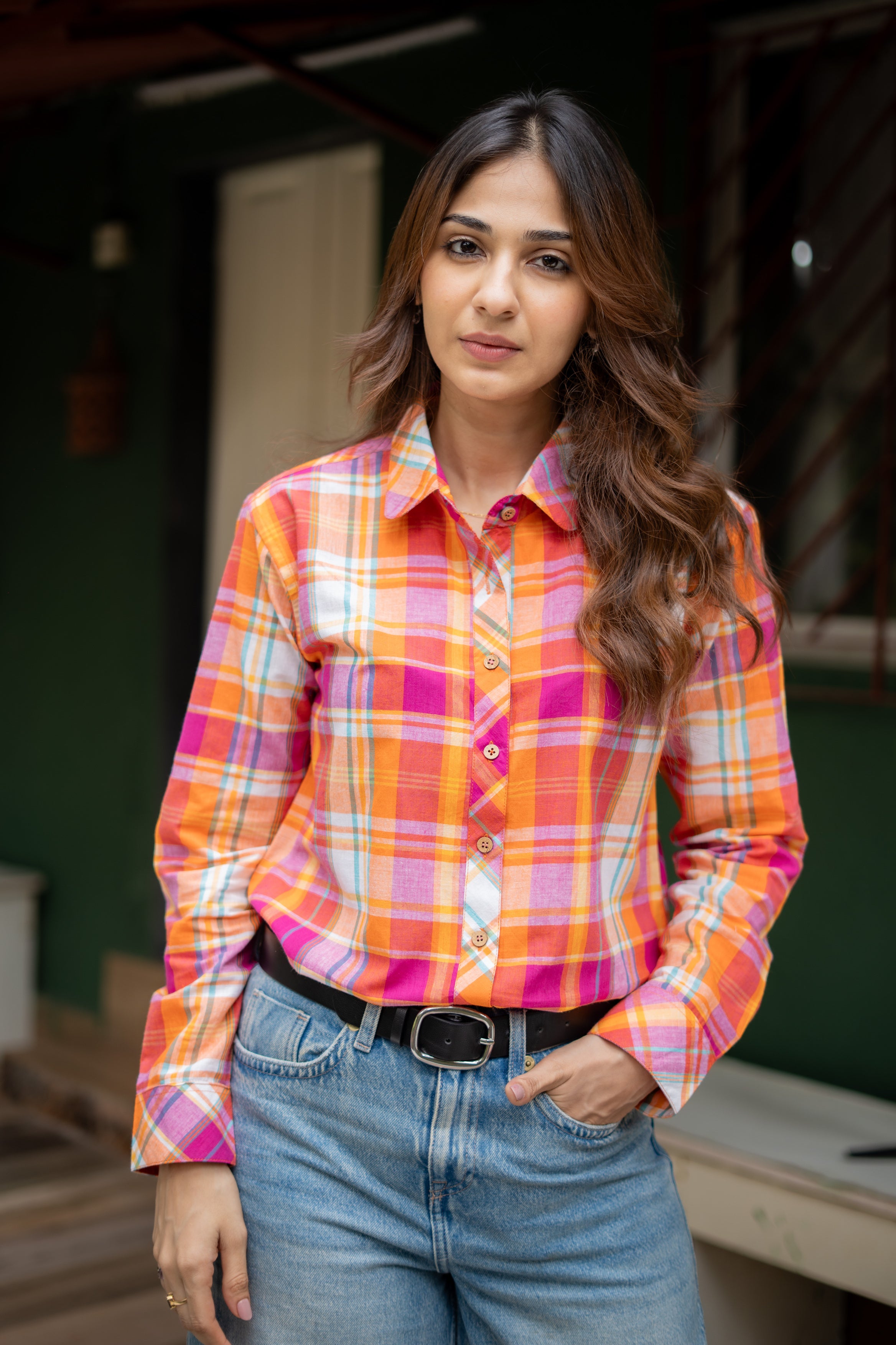 Orange Madras Checks Cotton Shirt