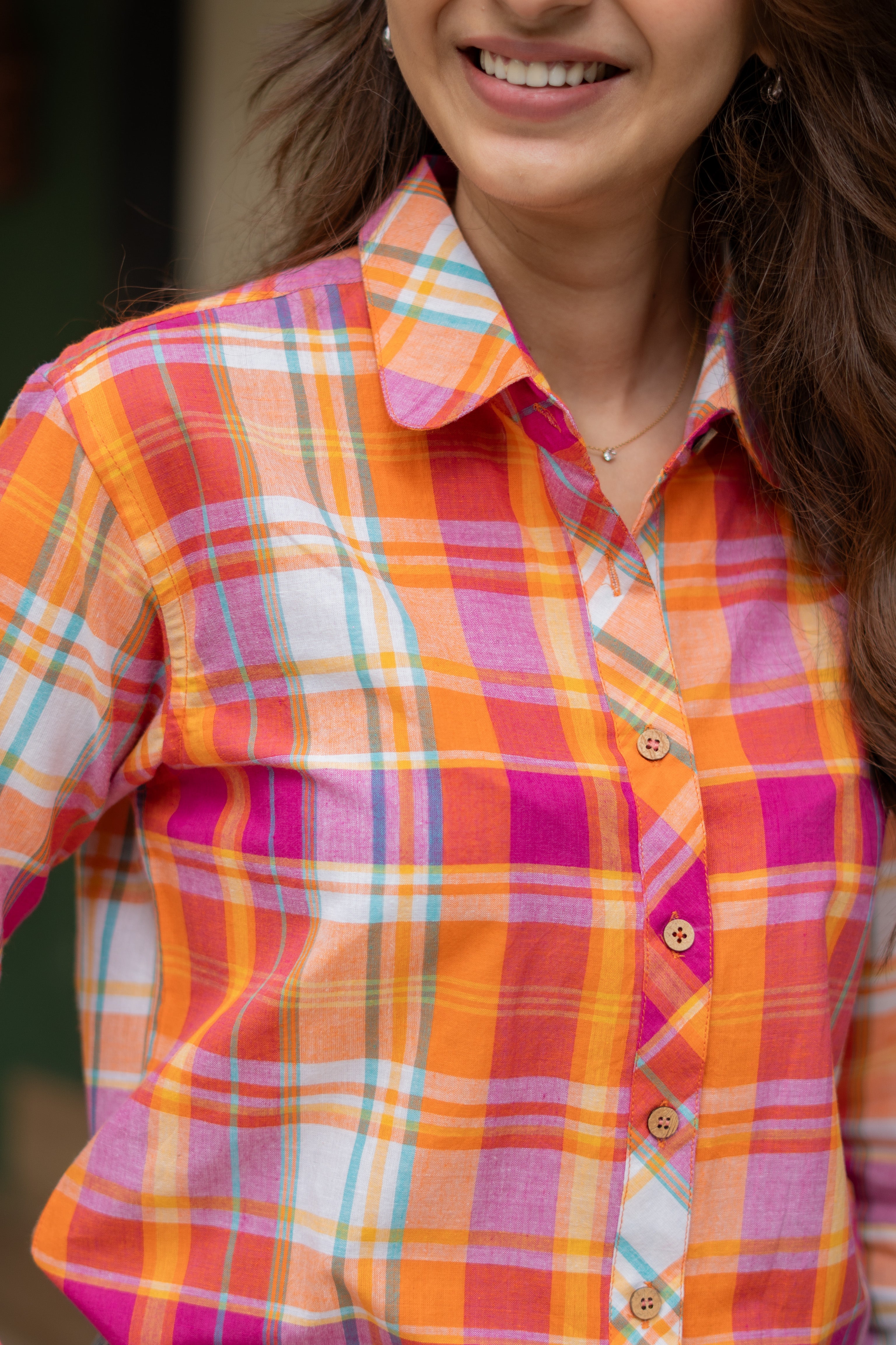 Orange Madras Checks Cotton Shirt