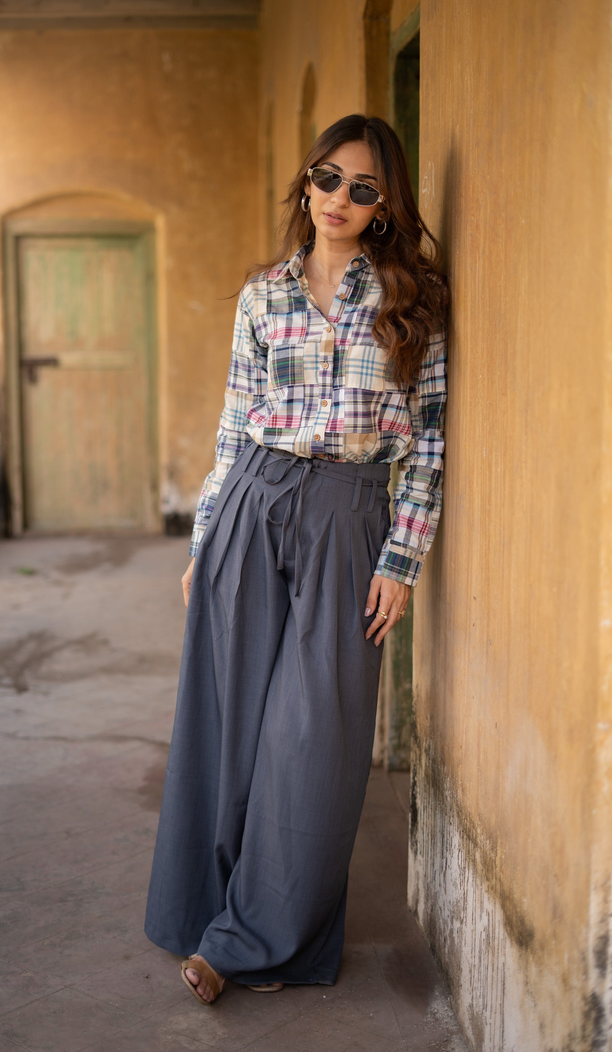 Cream Grey Patchwork Madras Checks Cotton Shirt