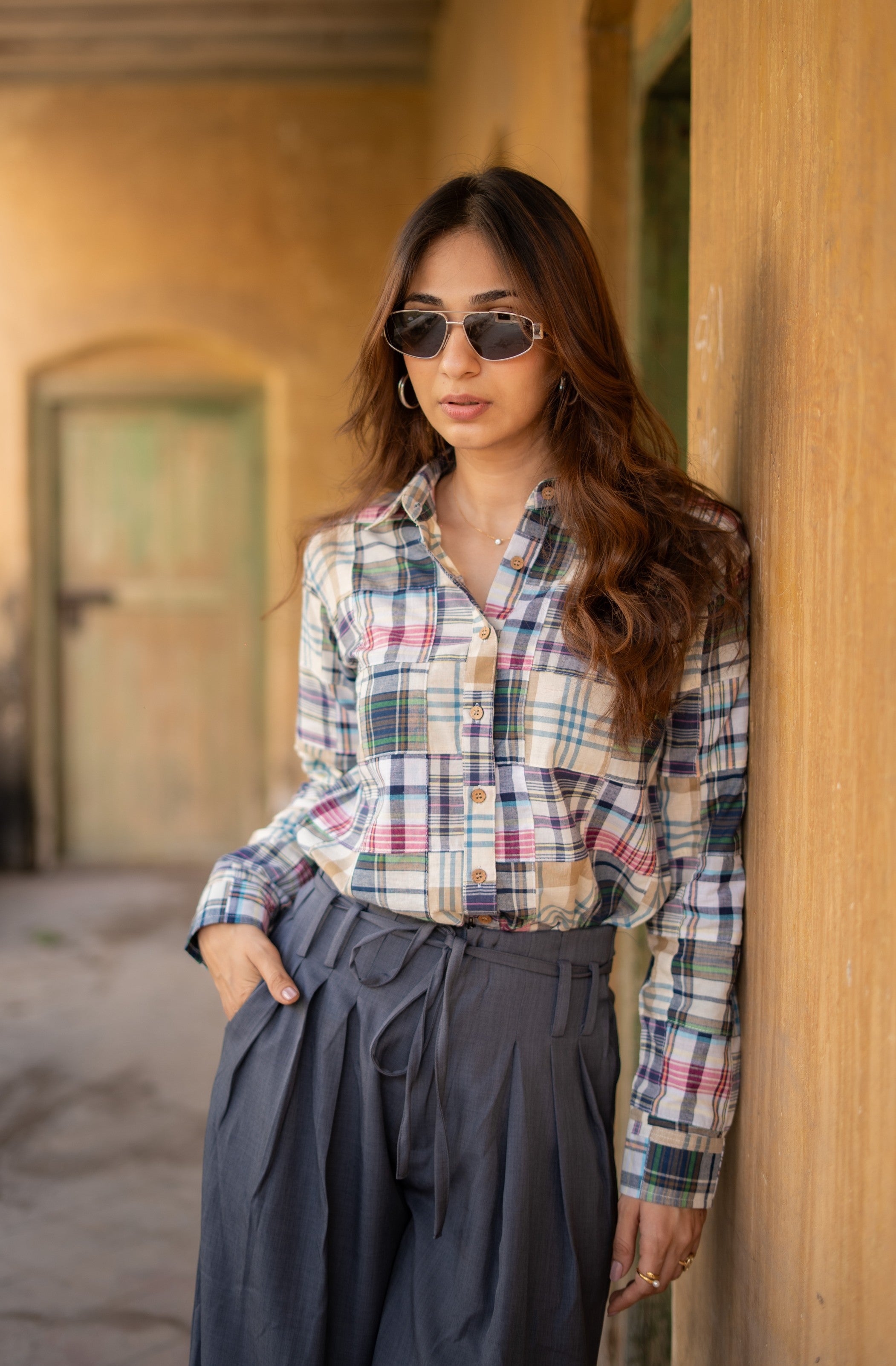 Cream Grey Patchwork Madras Checks Cotton Shirt
