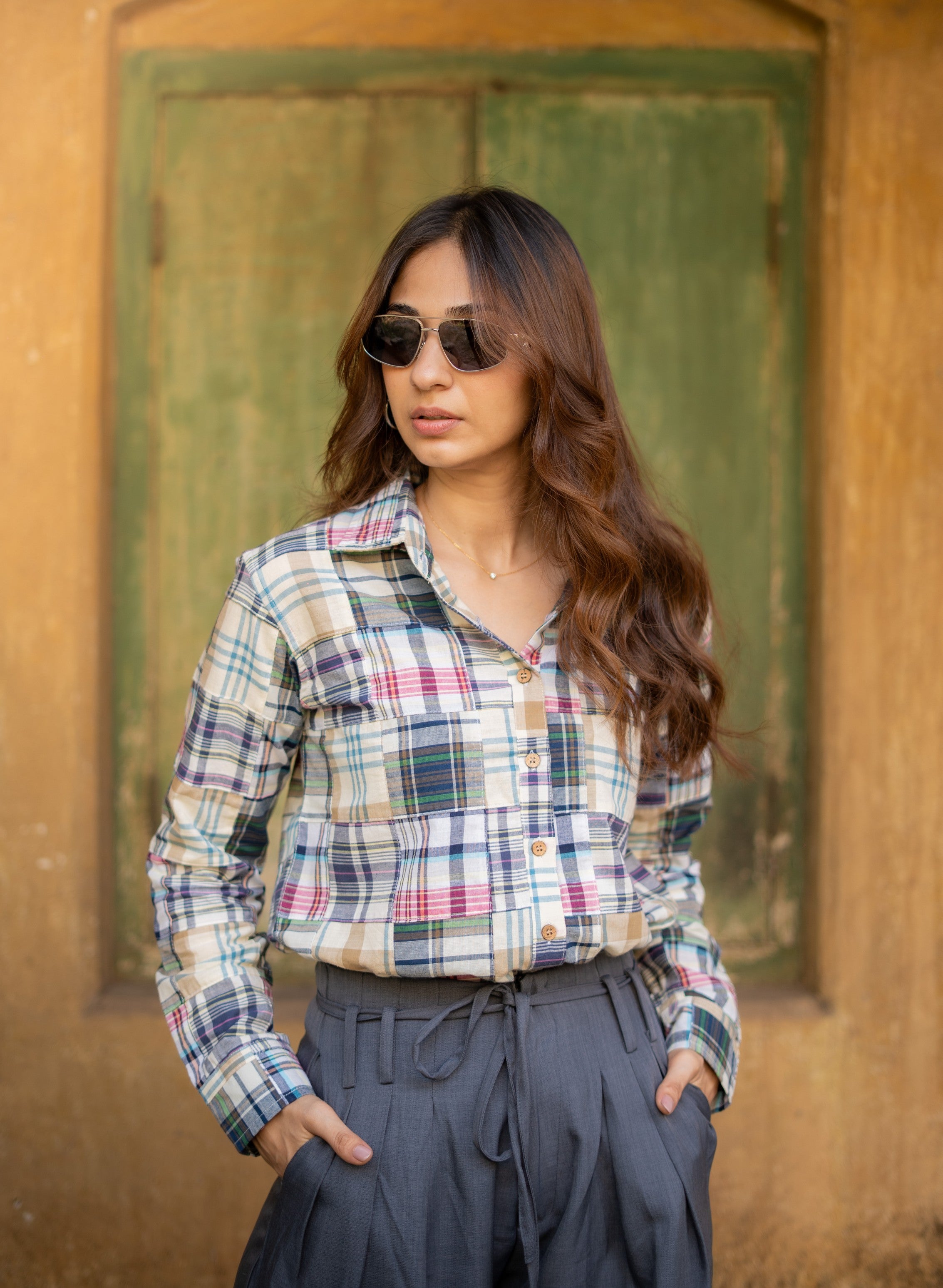 Cream Grey Patchwork Madras Checks Cotton Shirt