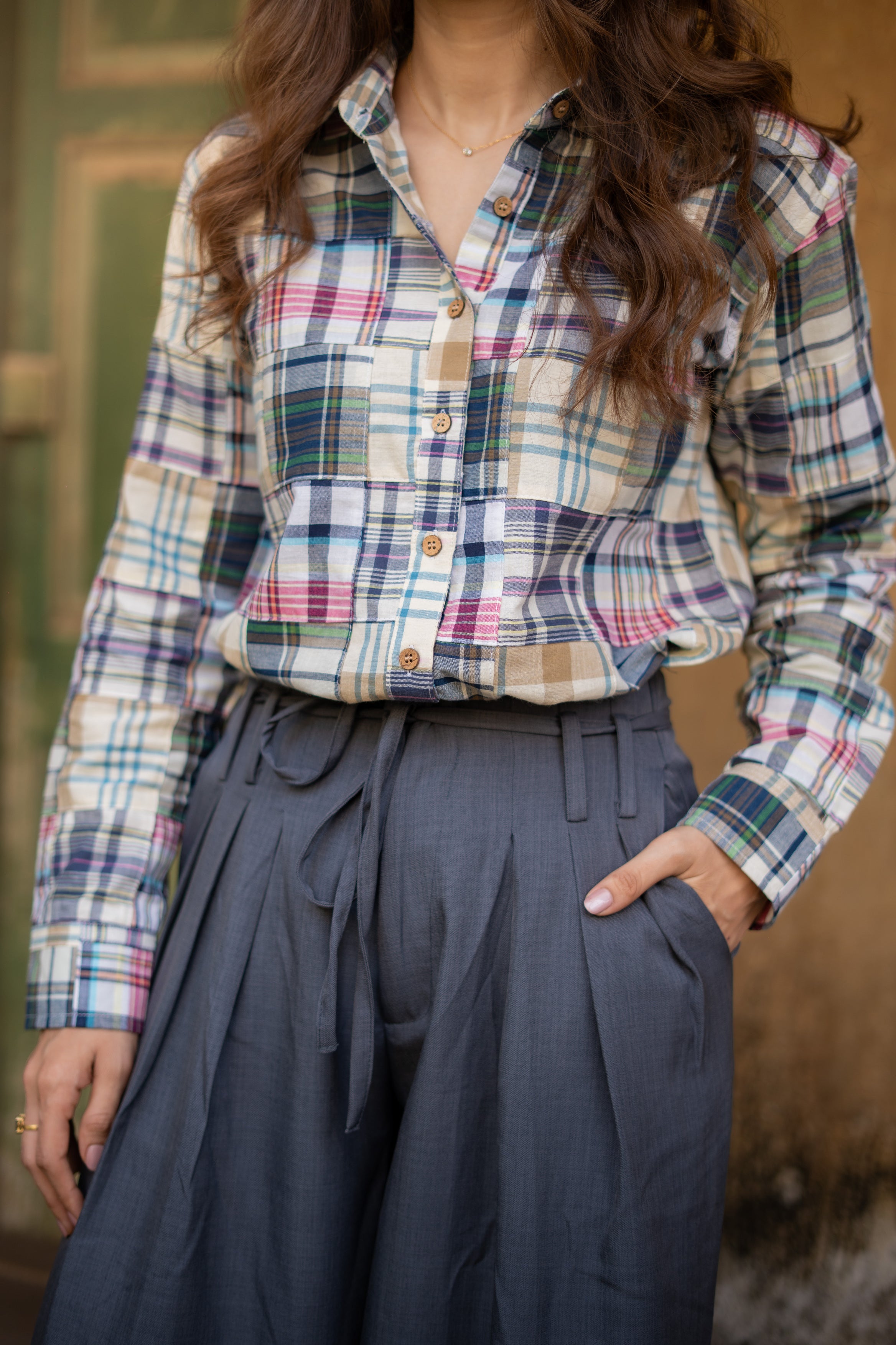 Cream Grey Patchwork Madras Checks Cotton Shirt