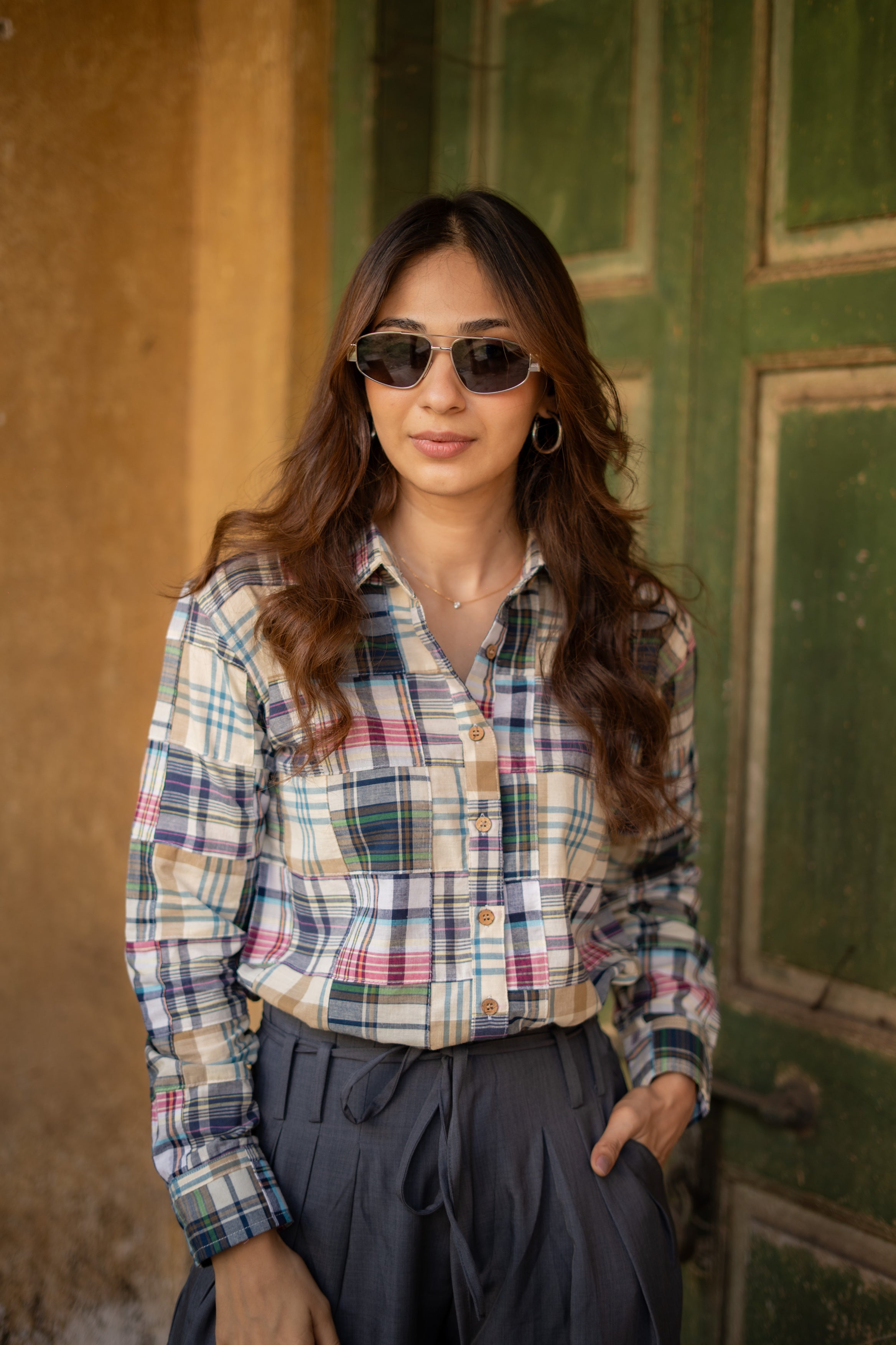 Cream Grey Patchwork Madras Checks Cotton Shirt