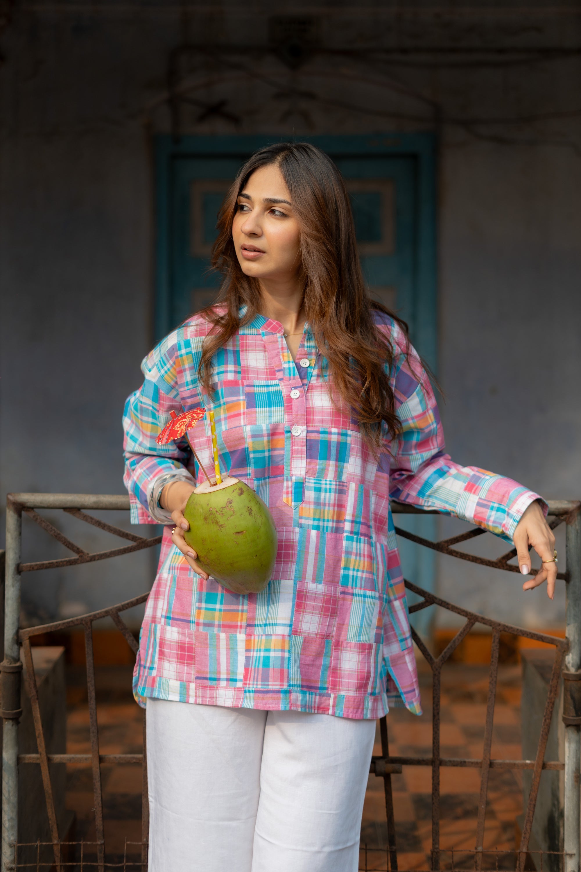 Pink Madras Checks Patchwork Unisex Cotton Short Kurta