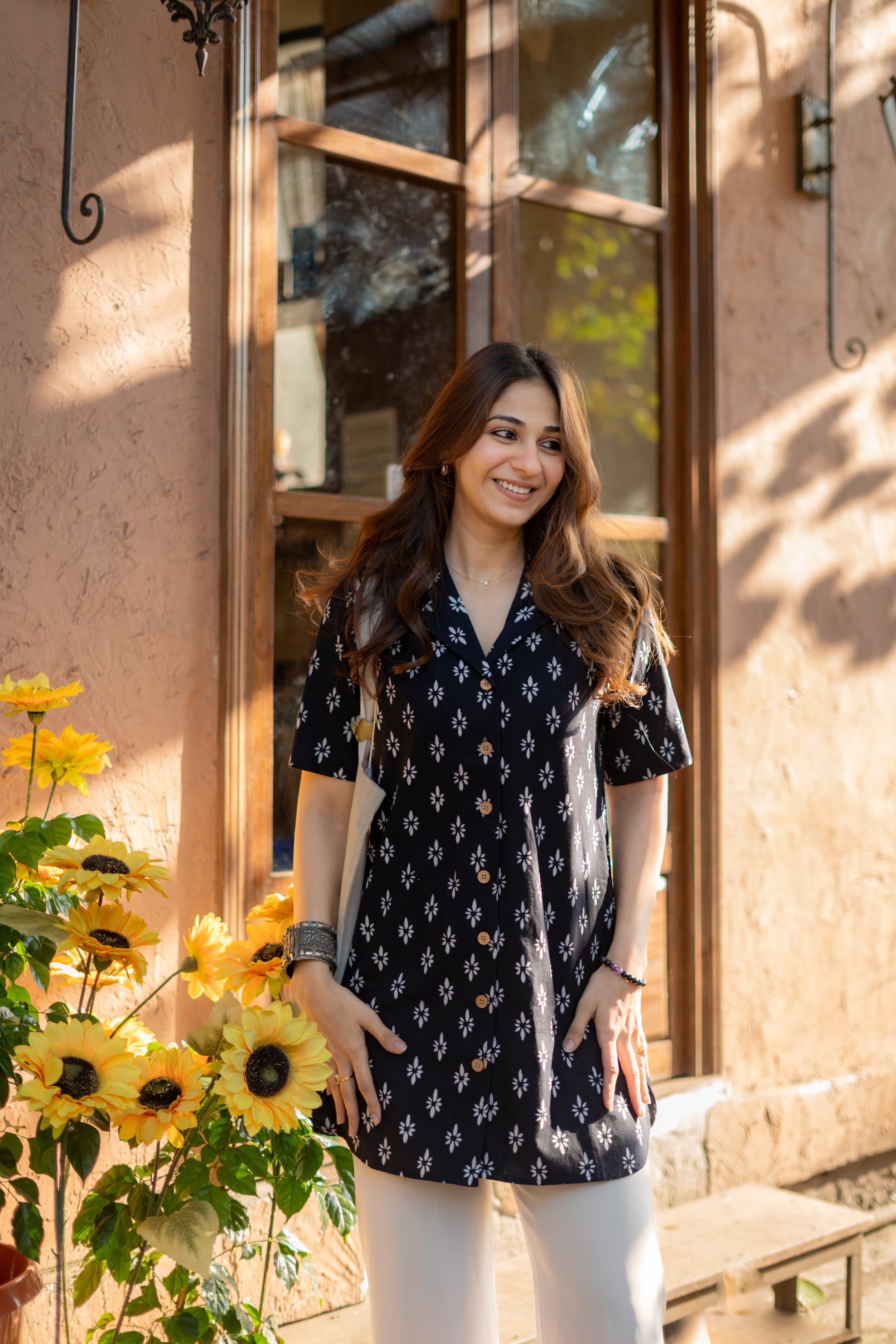 Black Jaipuri Floral Handblock Cotton Shirt Kurti