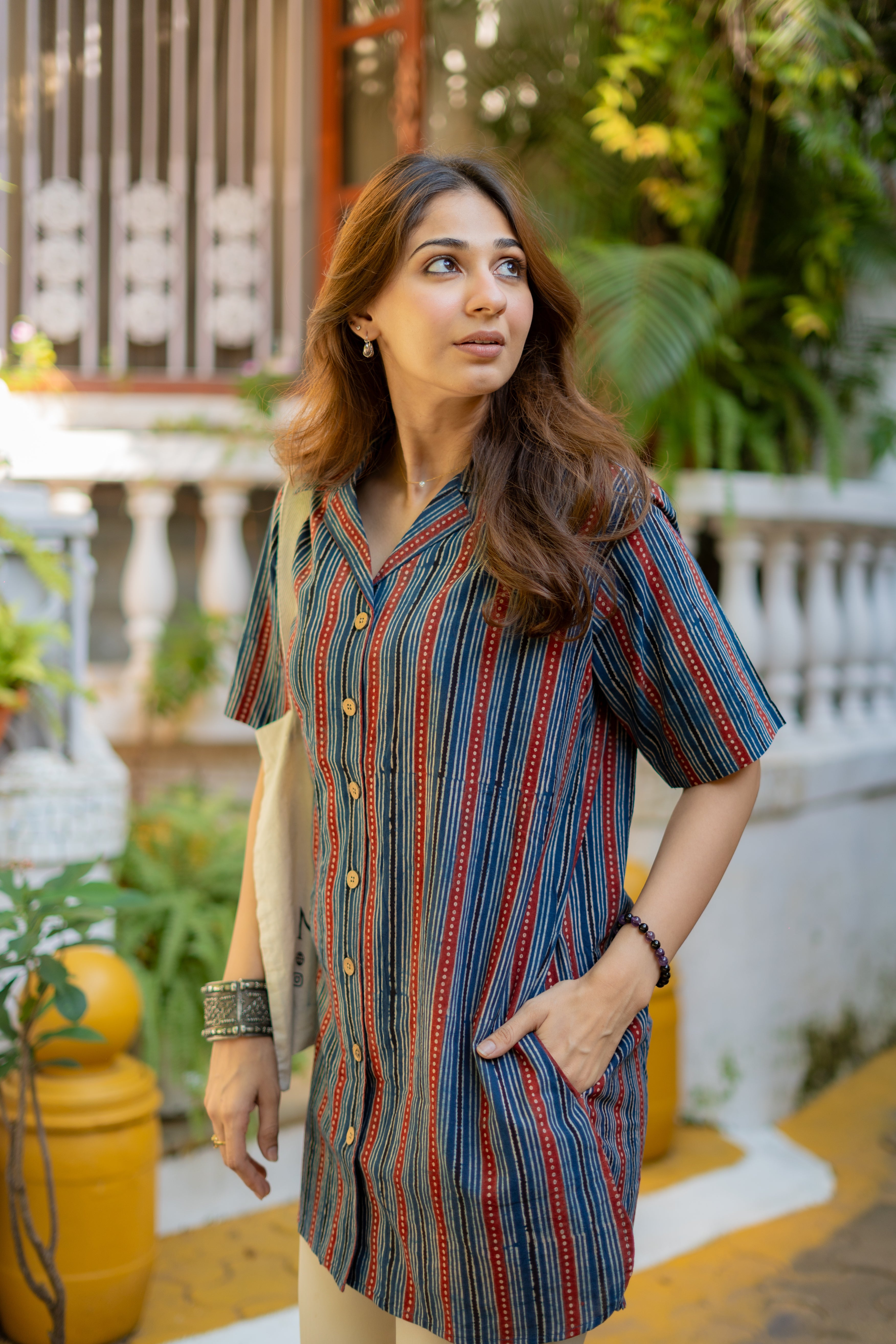 Ajrakh Indigo Red Stripe Handblock Cotton Shirt Kurti