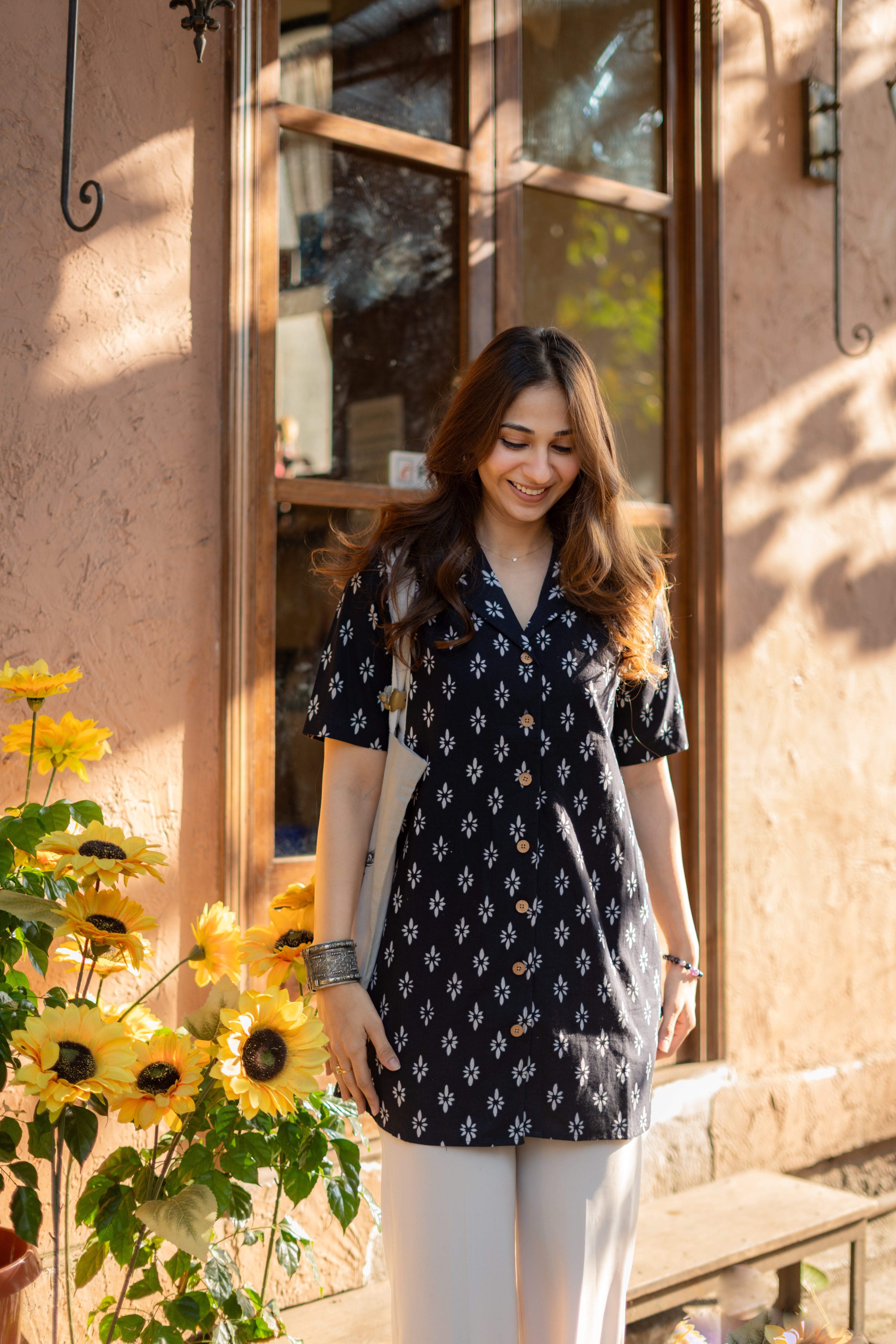 Black Jaipuri Floral Handblock Cotton Shirt Kurti