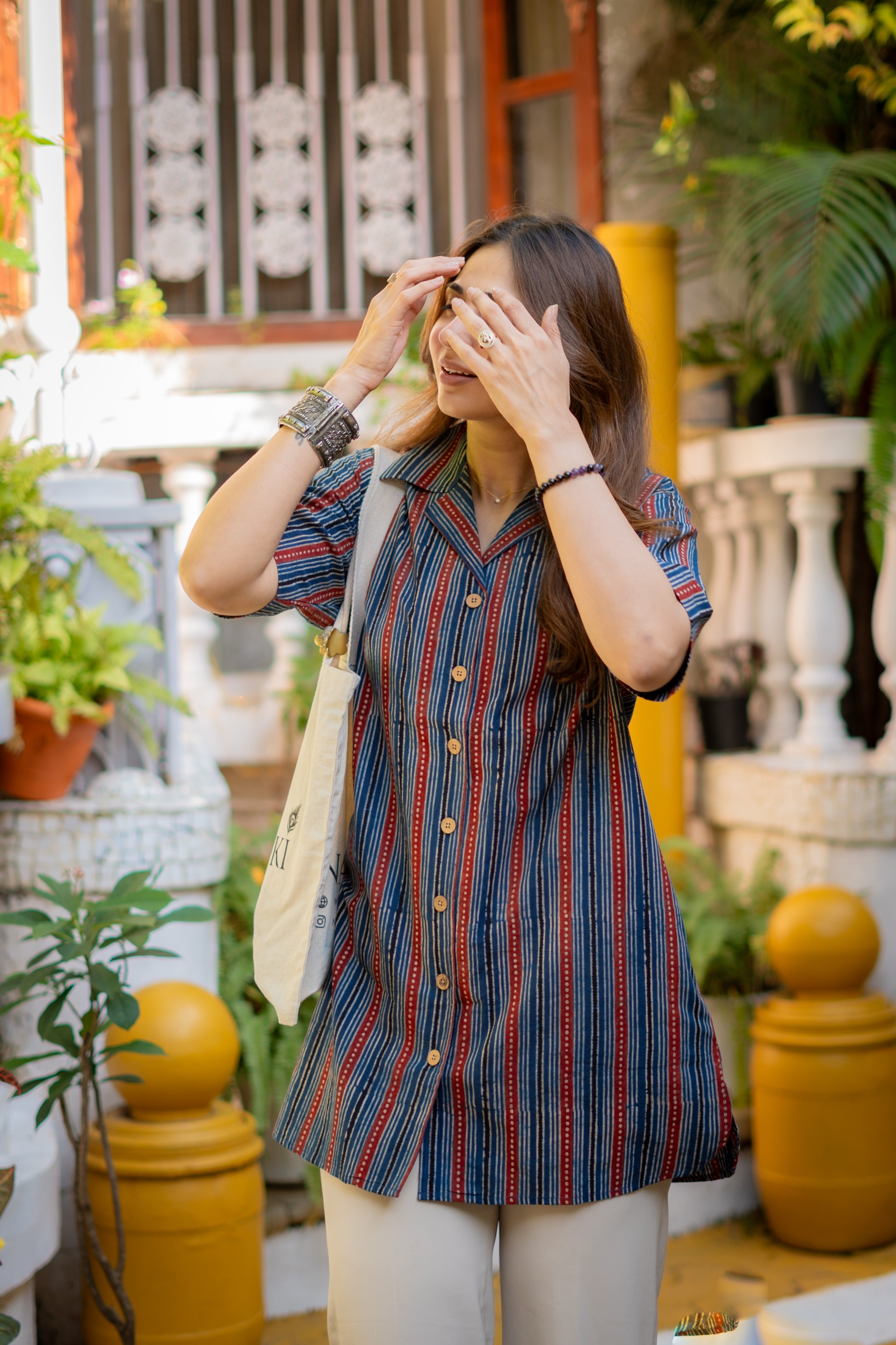 Ajrakh Indigo Red Stripe Handblock Cotton Shirt Kurti