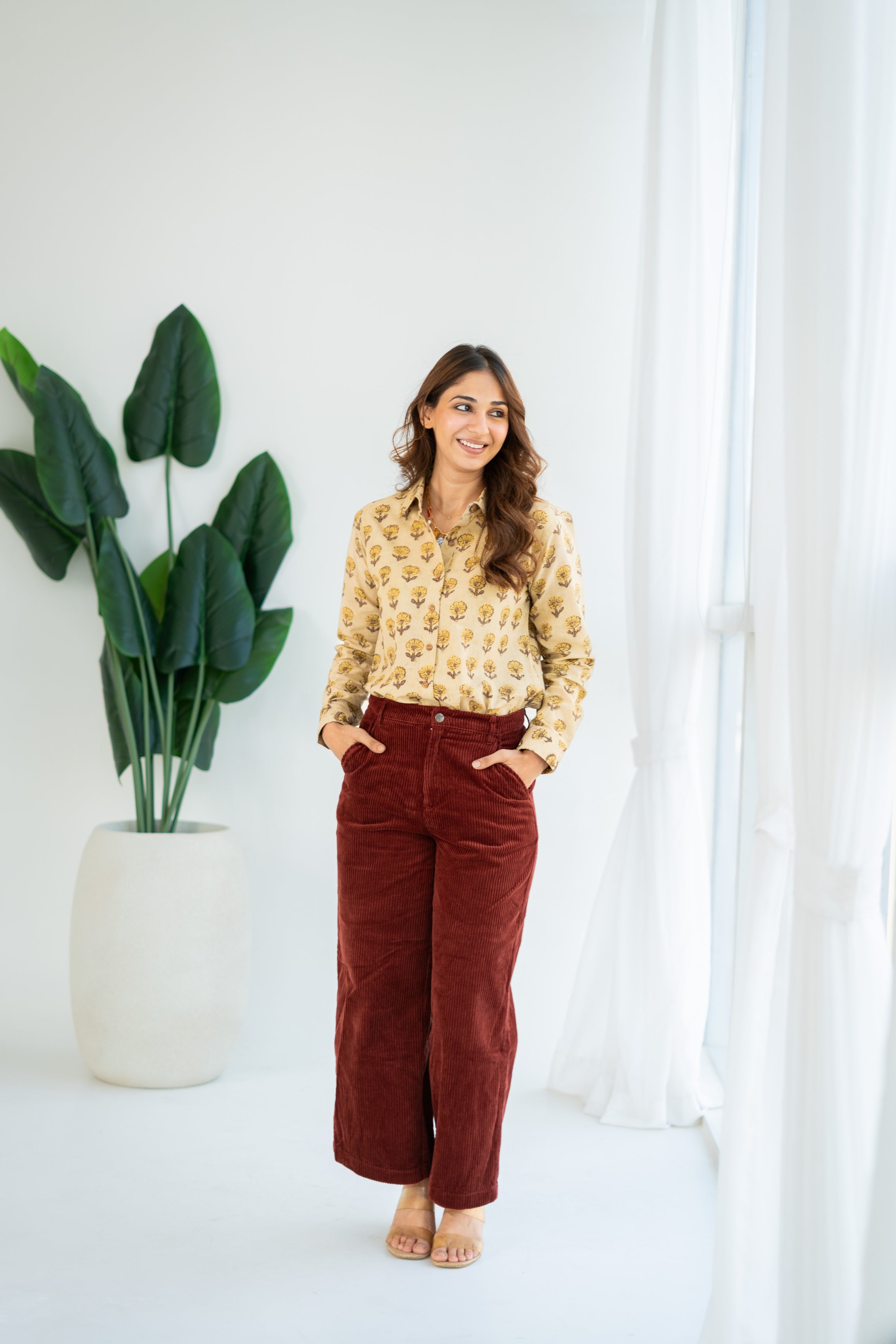 Mustard Phool Buti Block Print Cotton Shirt