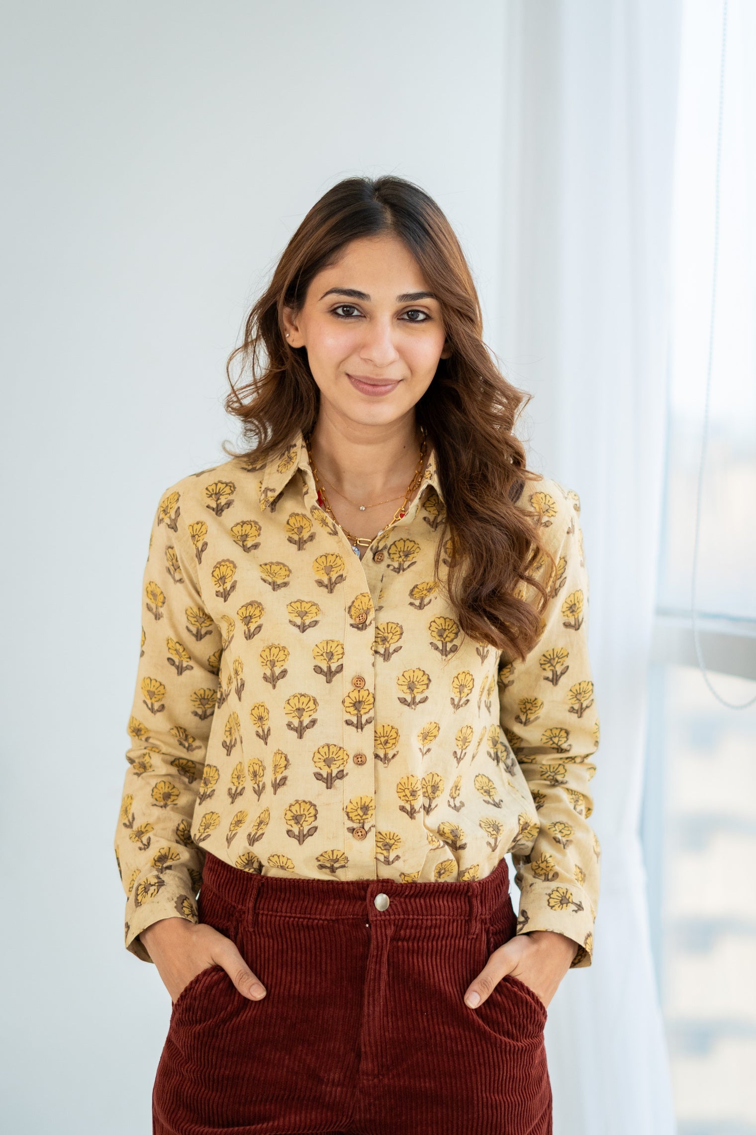 Mustard Phool Buti Block Print Cotton Shirt