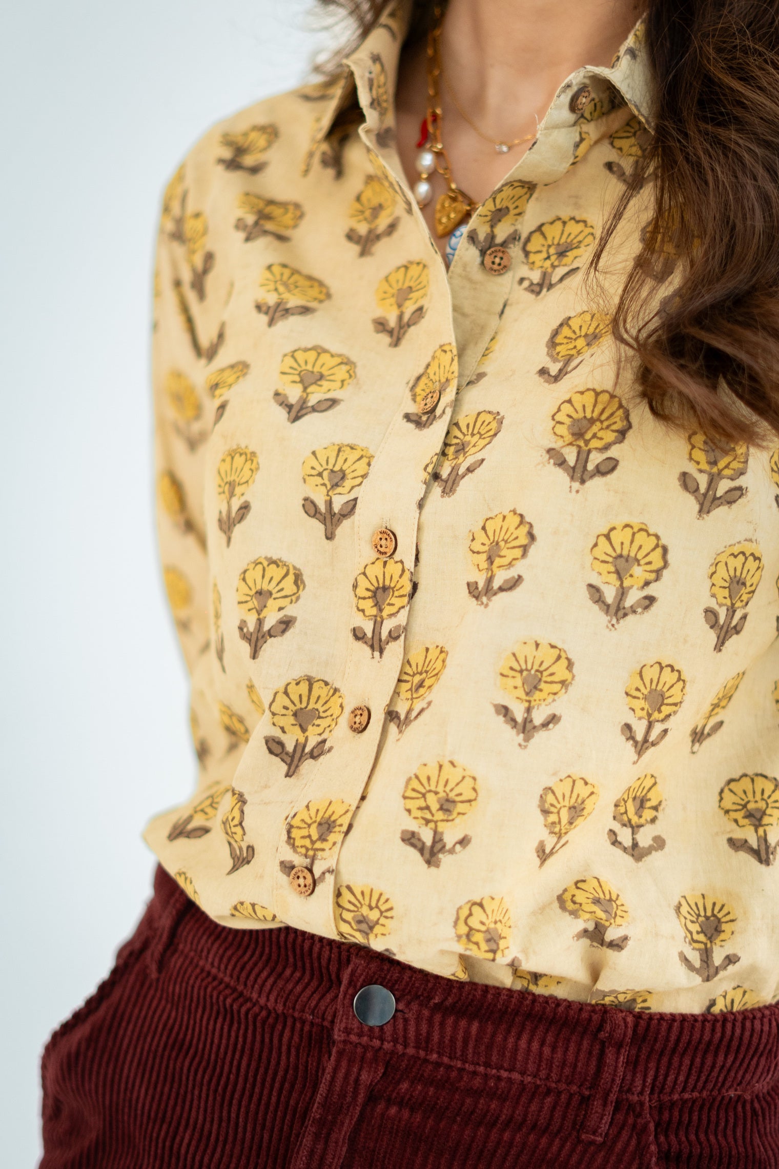 Mustard Phool Buti Block Print Cotton Shirt