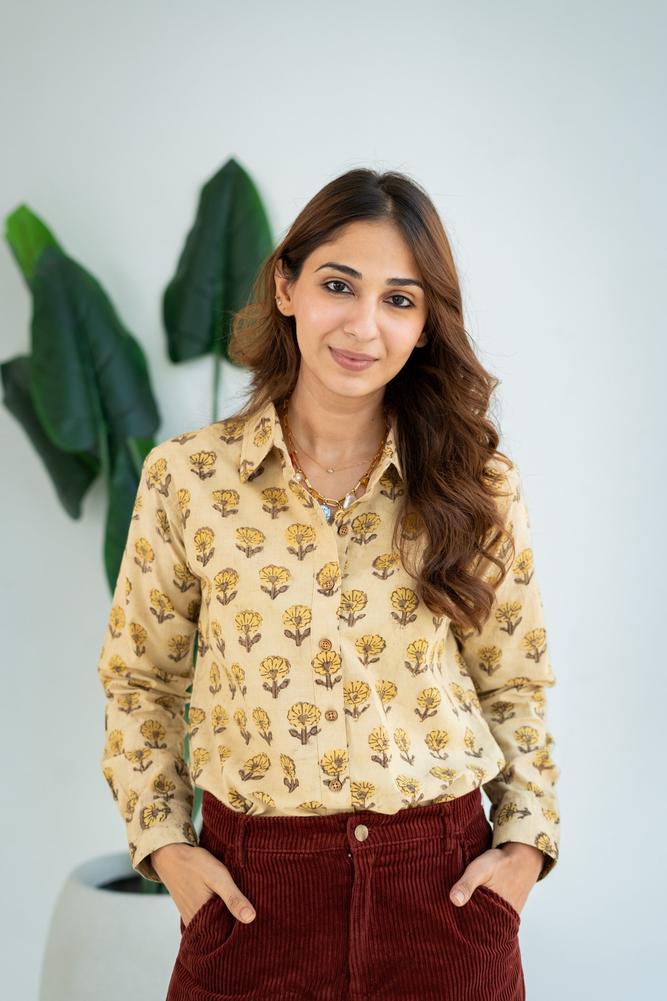 Mustard Phool Buti Block Print Cotton Shirt