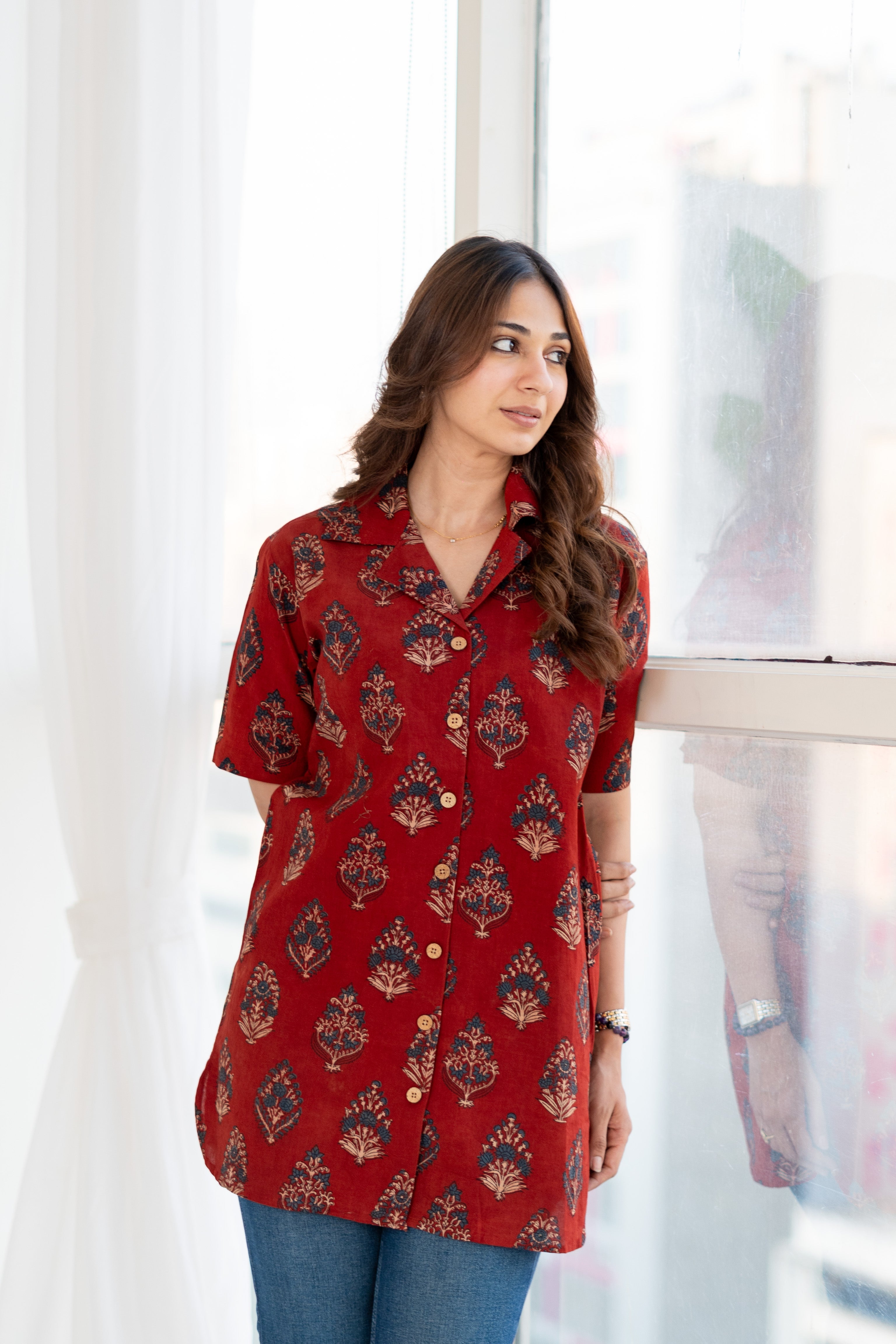 Gulzaar Red Handblock Cotton Shirt Kurti