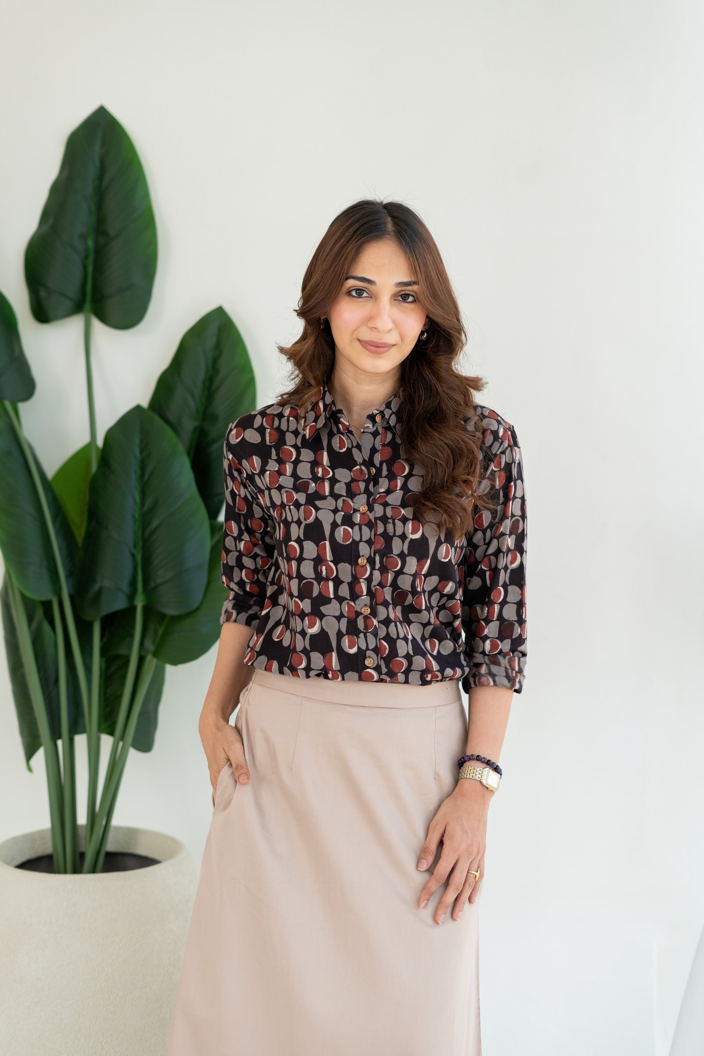 Midnight Pebble Block Print Cotton Shirt