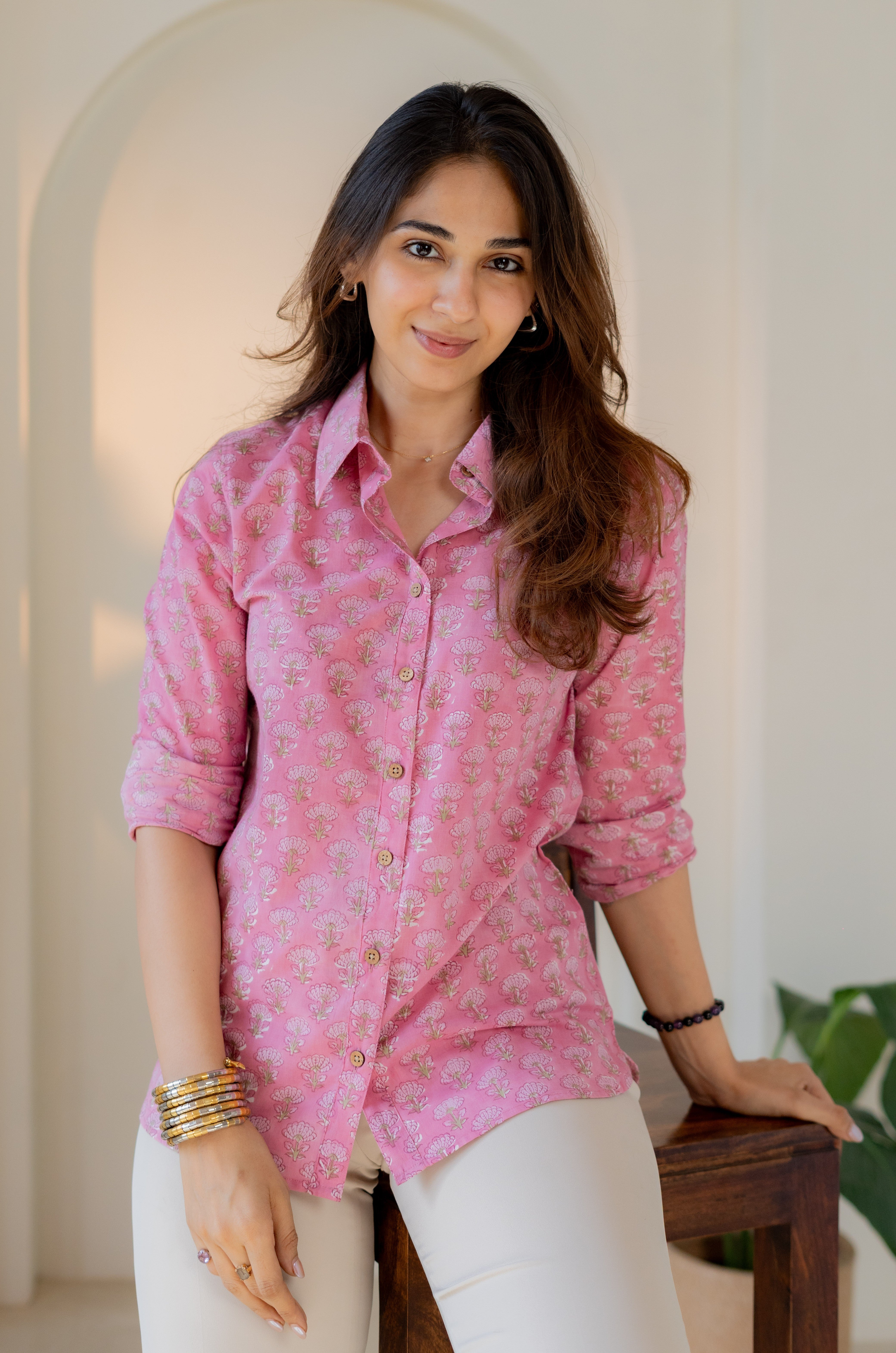 Pink Blossom Block Print Cotton Shirt