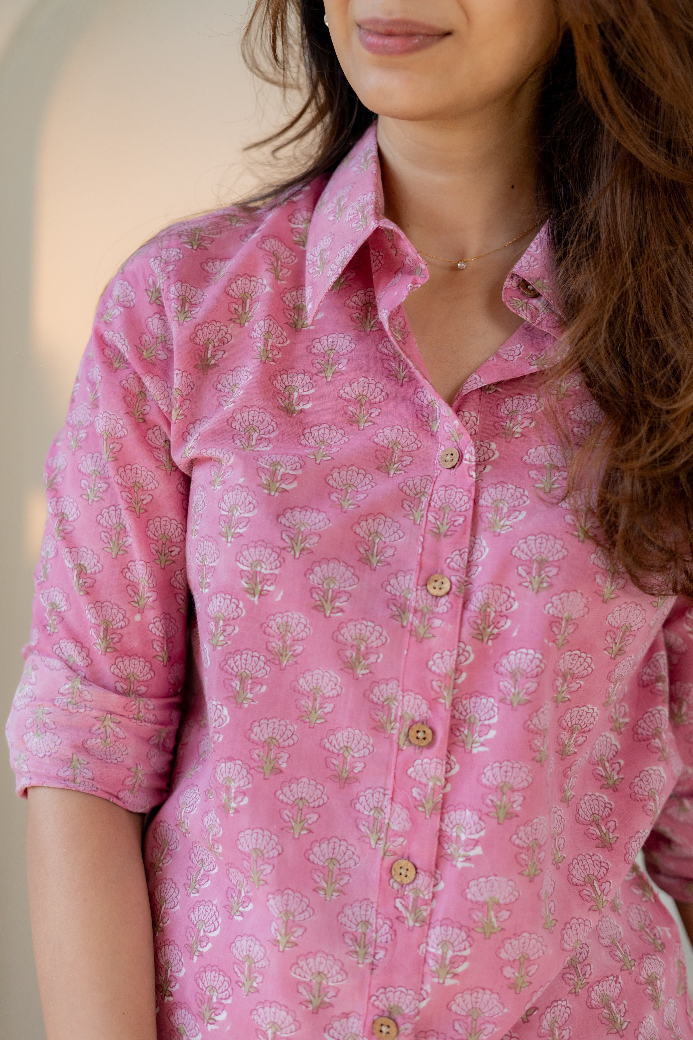 Pink Blossom Block Print Cotton Shirt