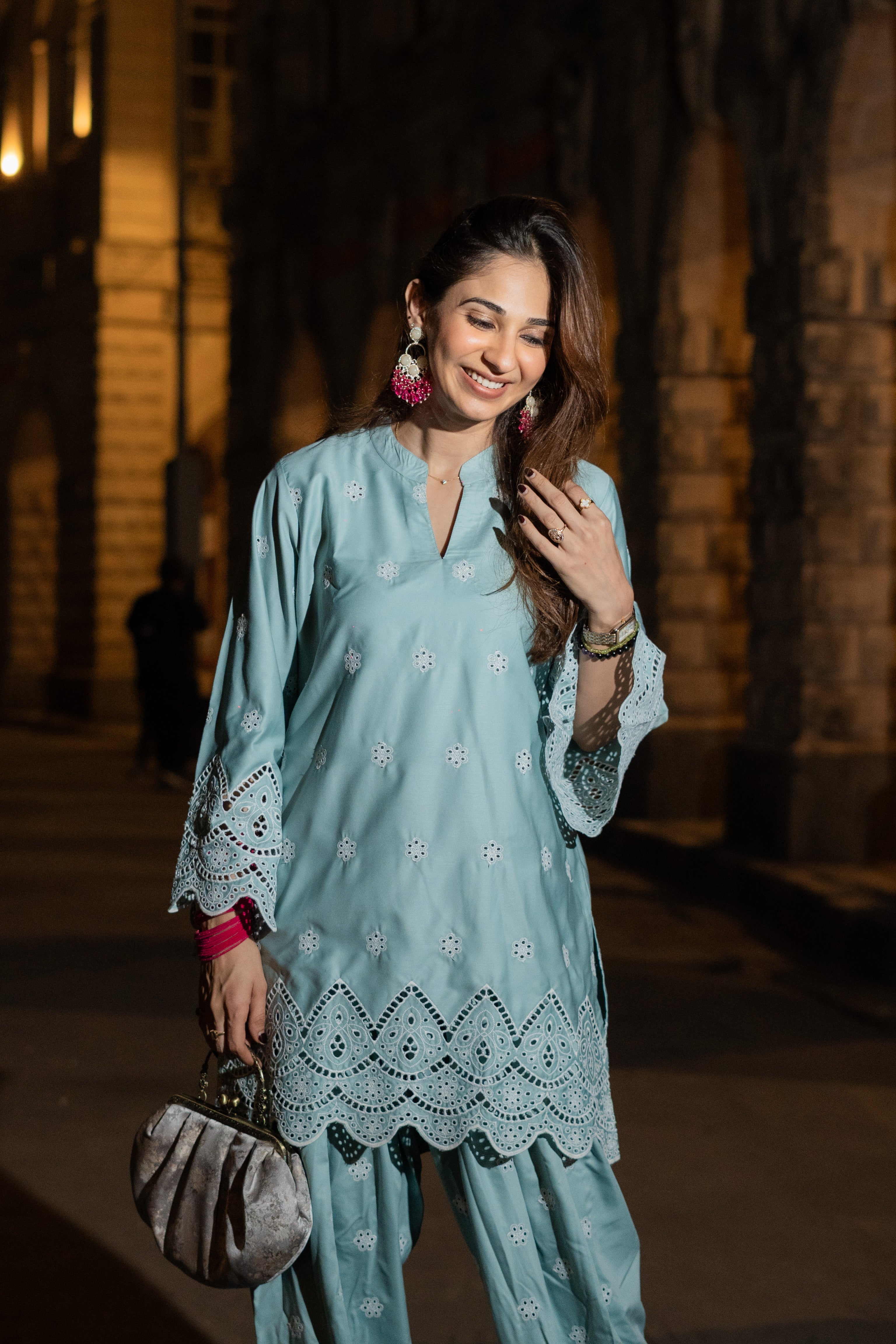 Mint Blue Embroidered Farshi Salwar Set