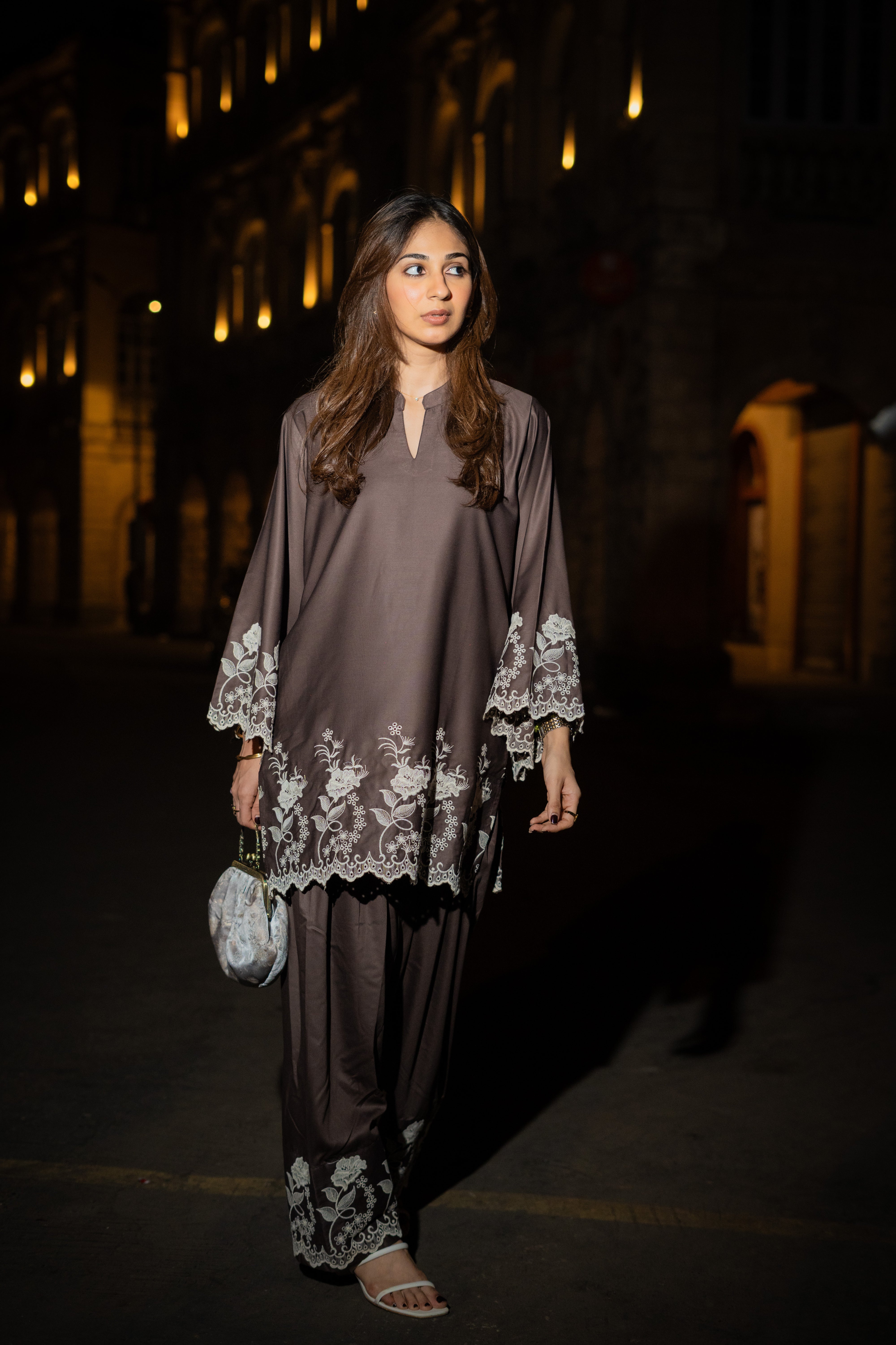 Brown Embroidered Farshi Salwar Set