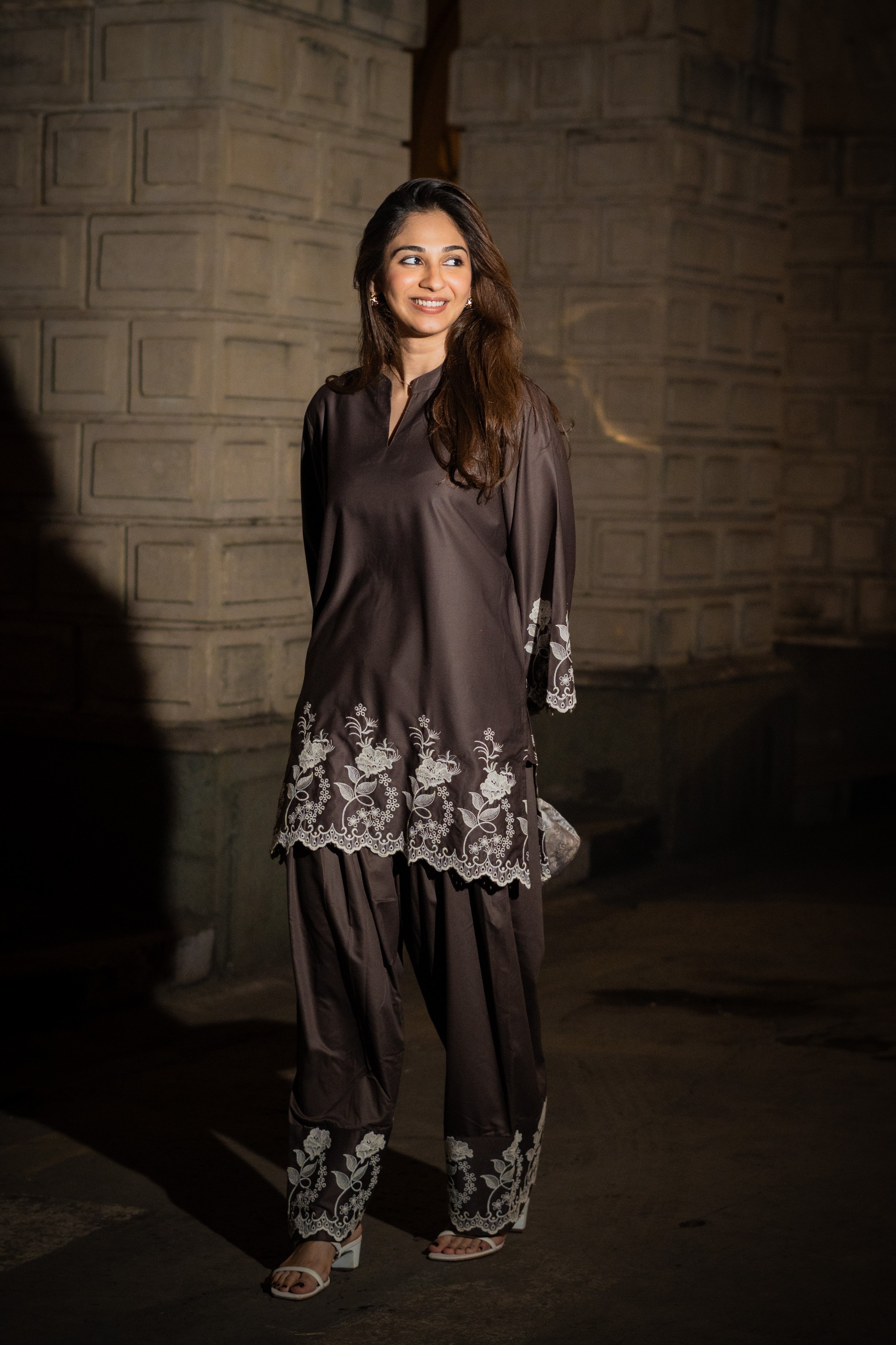 Brown Embroidered Farshi Salwar Set