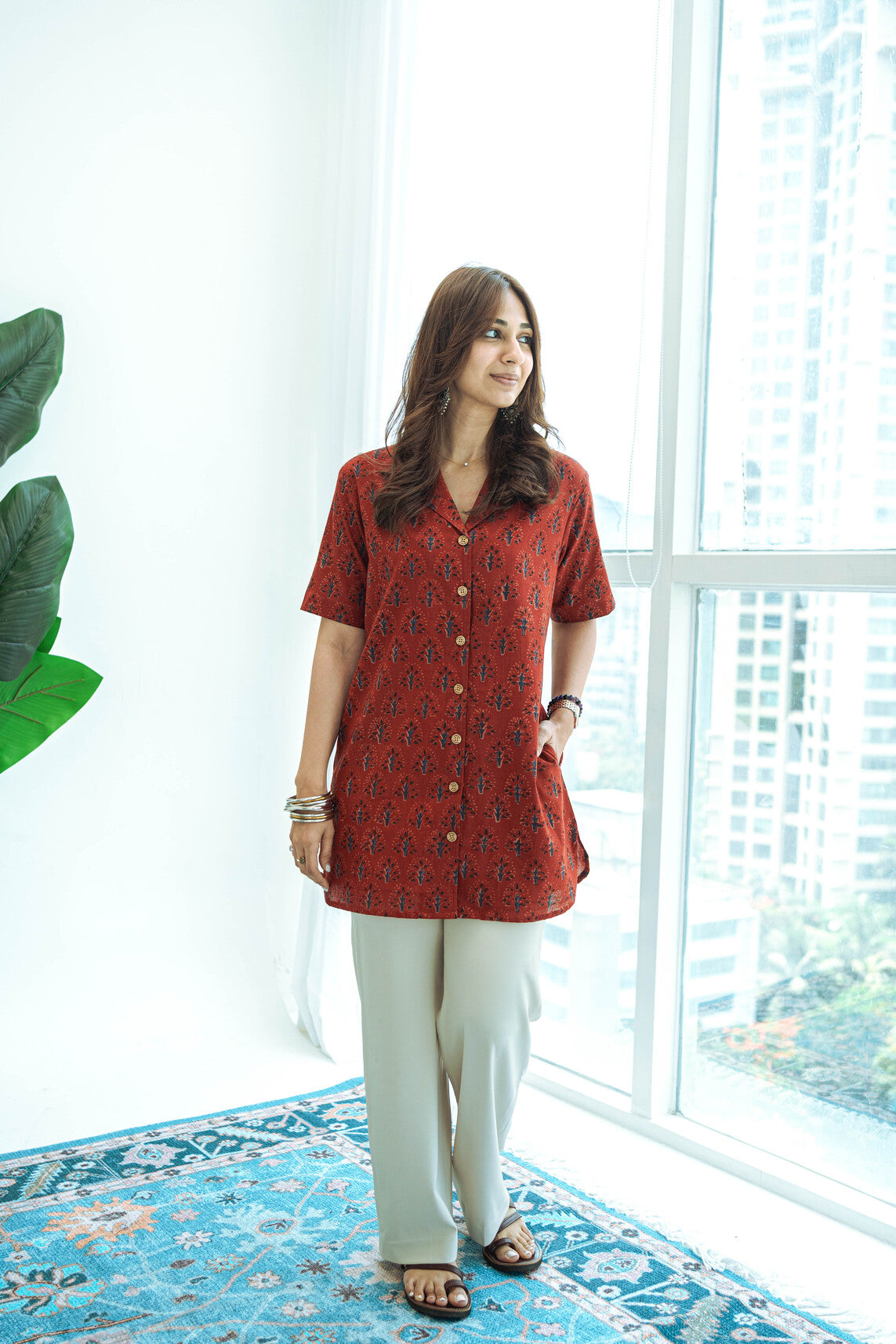 Red Bagru Floral Block Print Cotton Shirt Kurti