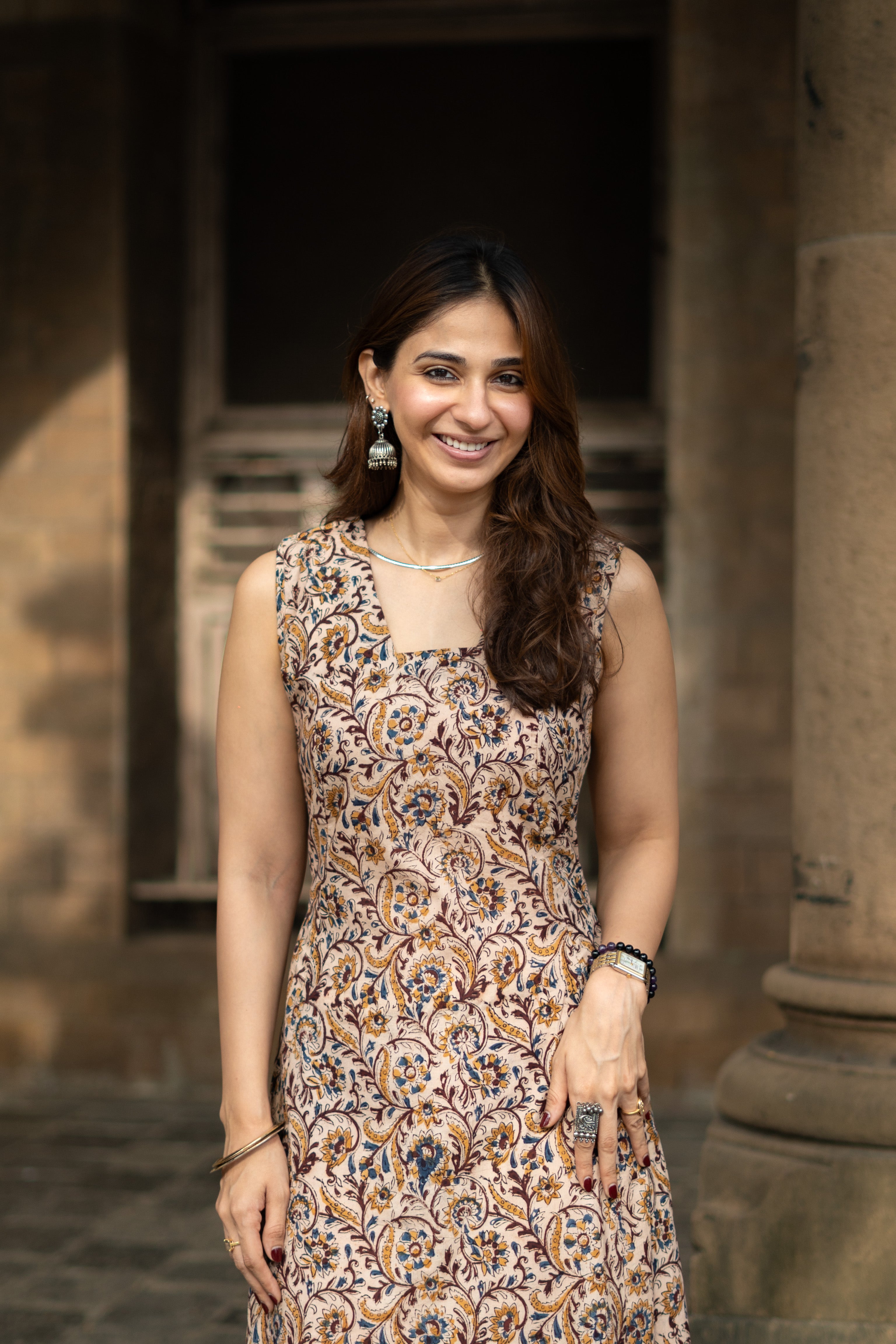 Beige Kalamkari Handblock Cotton Corset Dress