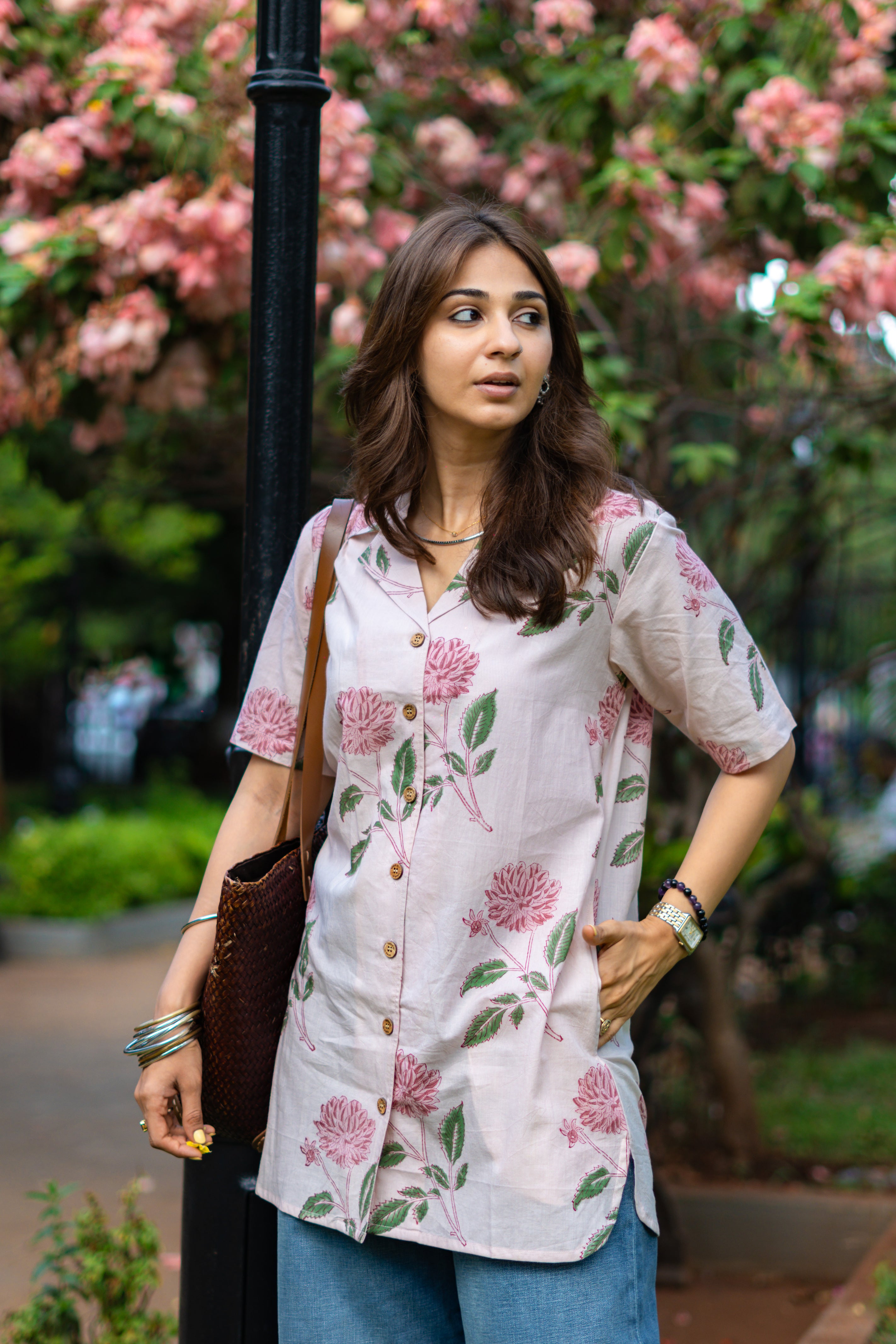 Pink Blossom Handblock Cotton Shirt Kurti